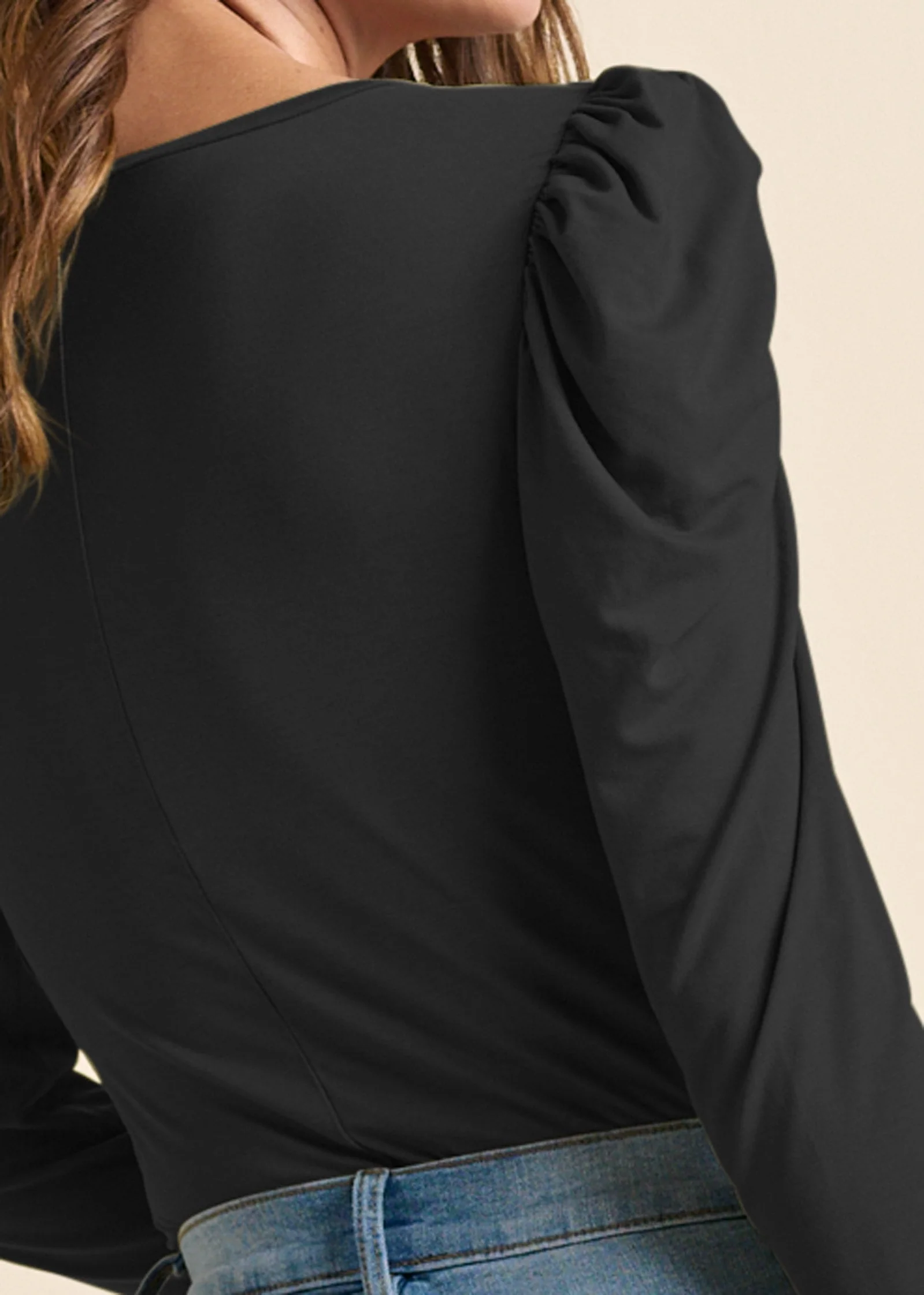 Puff Shoulder Long Sleeve Top - Black - Image 5