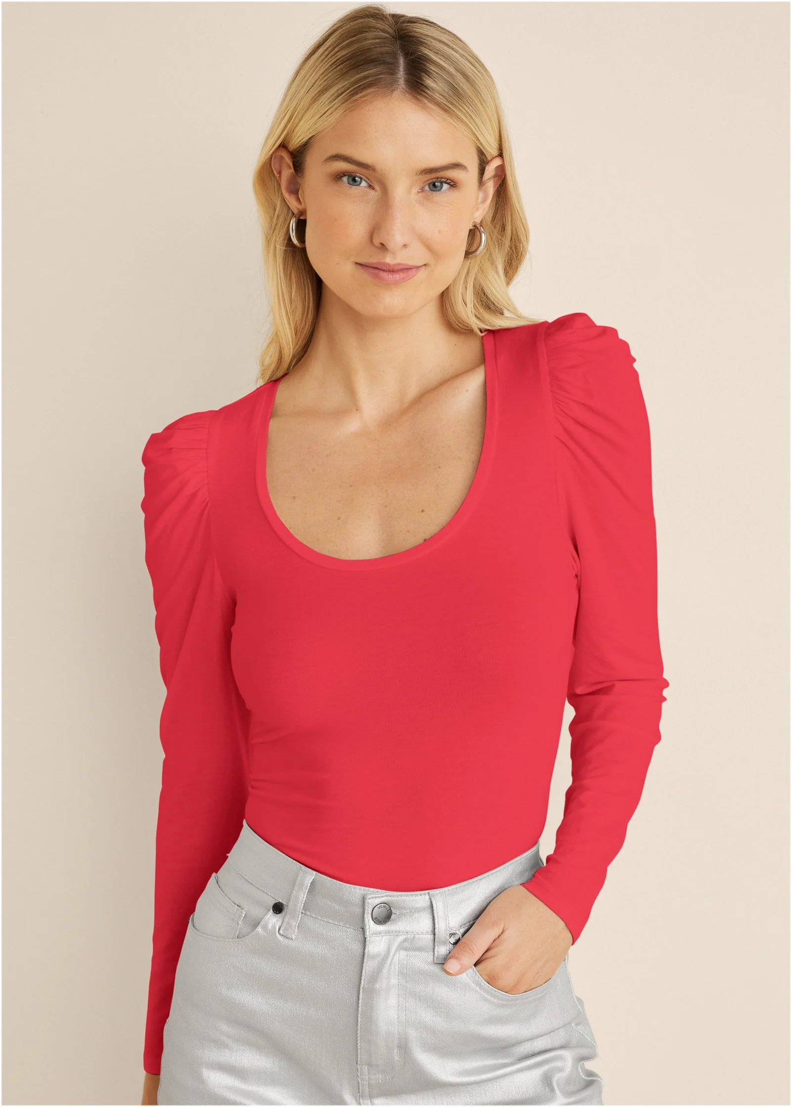 Puff Shoulder Long Sleeve Top - Red