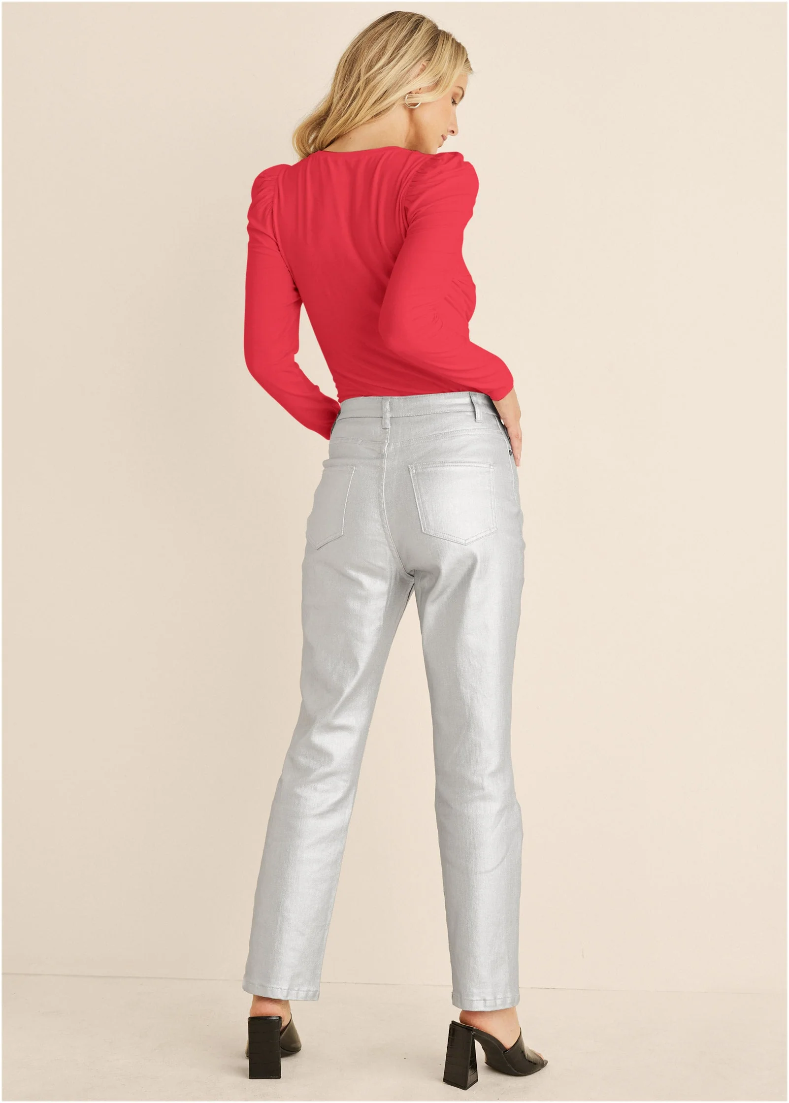 Puff Shoulder Long Sleeve Top - Red - Image 2