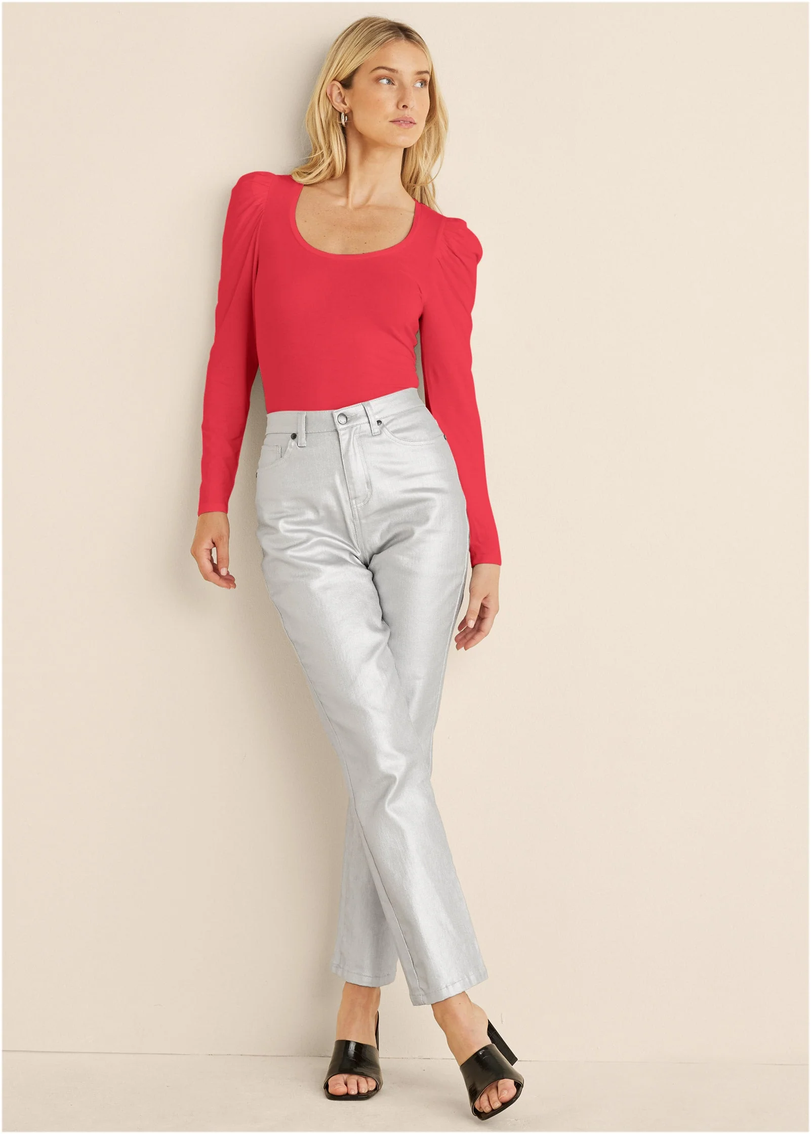 Puff Shoulder Long Sleeve Top - Red - Image 5
