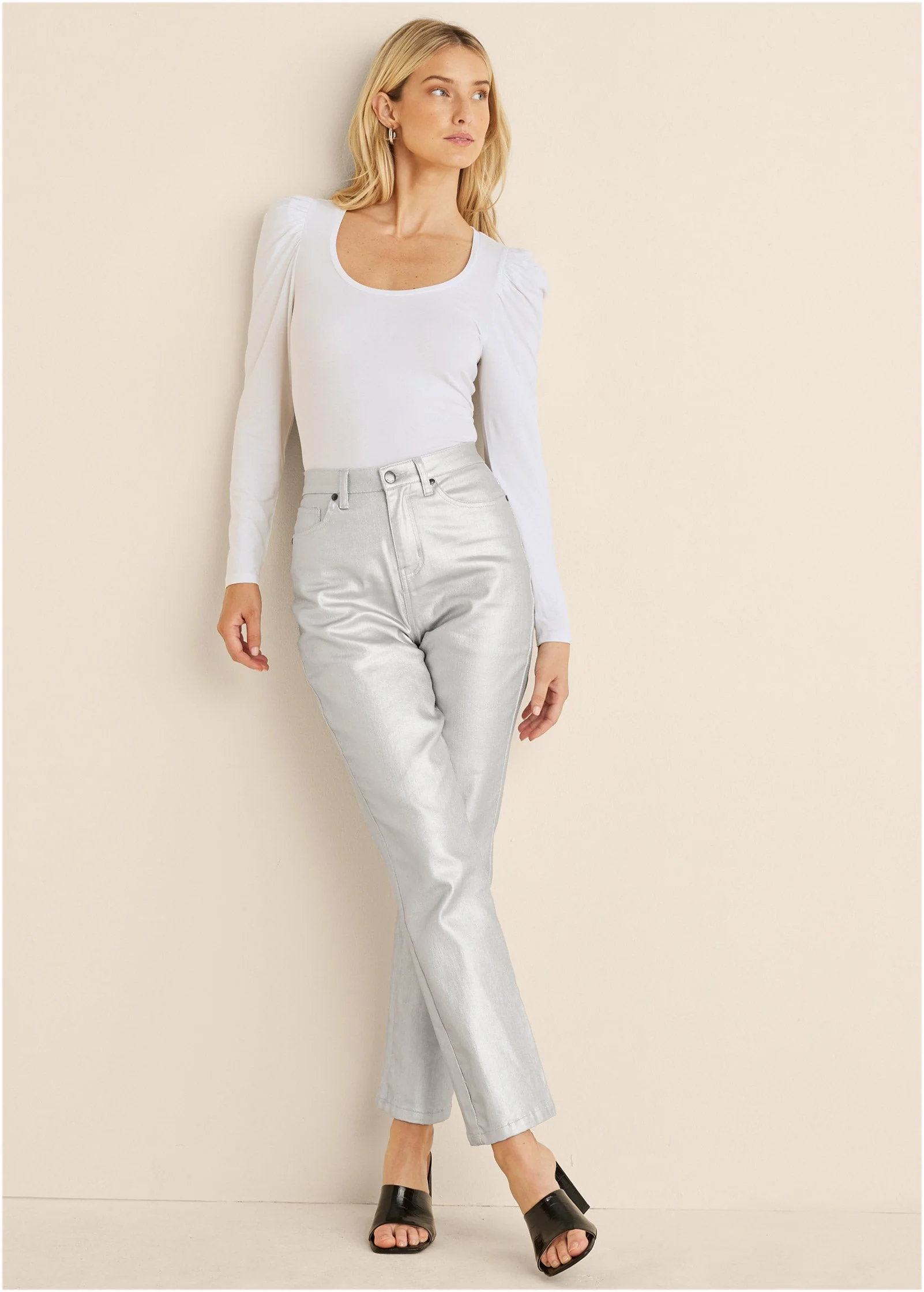 Puff Shoulder Long Sleeve Top - White - Image 2