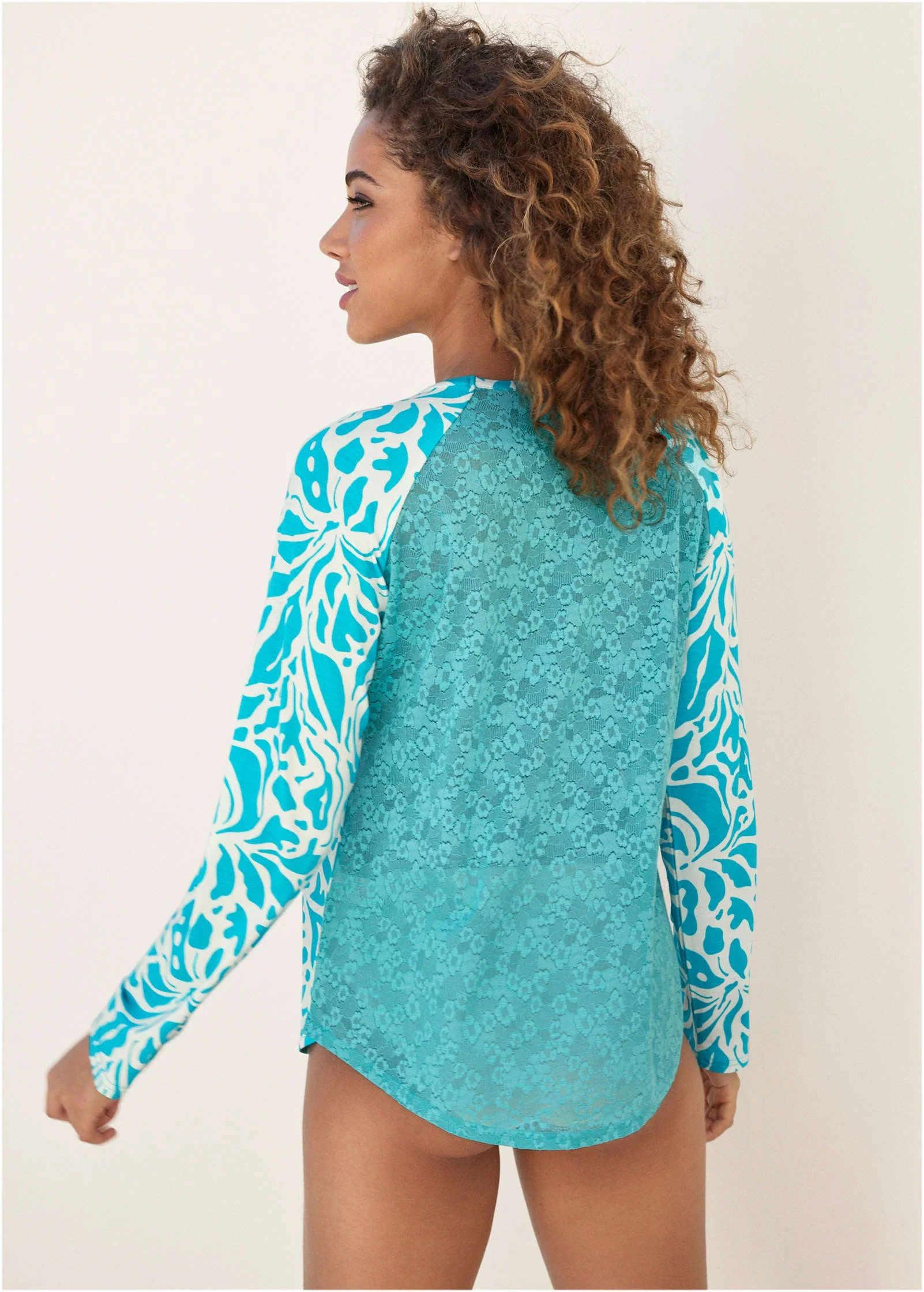 Lace Back Pajama Top - Teal & White - Image 2