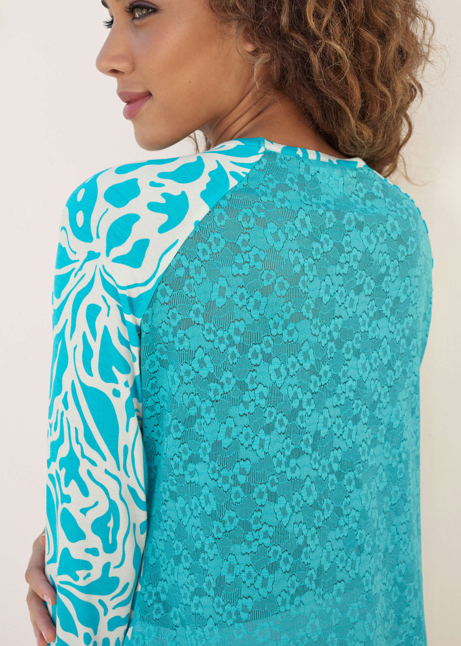 Lace Back Pajama Top - Teal & White - Image 4
