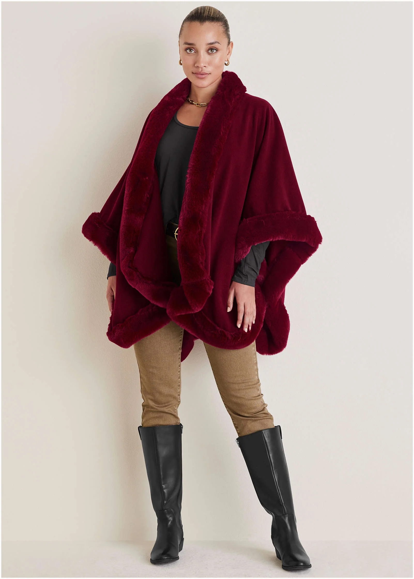 Fur Trim Wrap Shawl - Red - Image 3