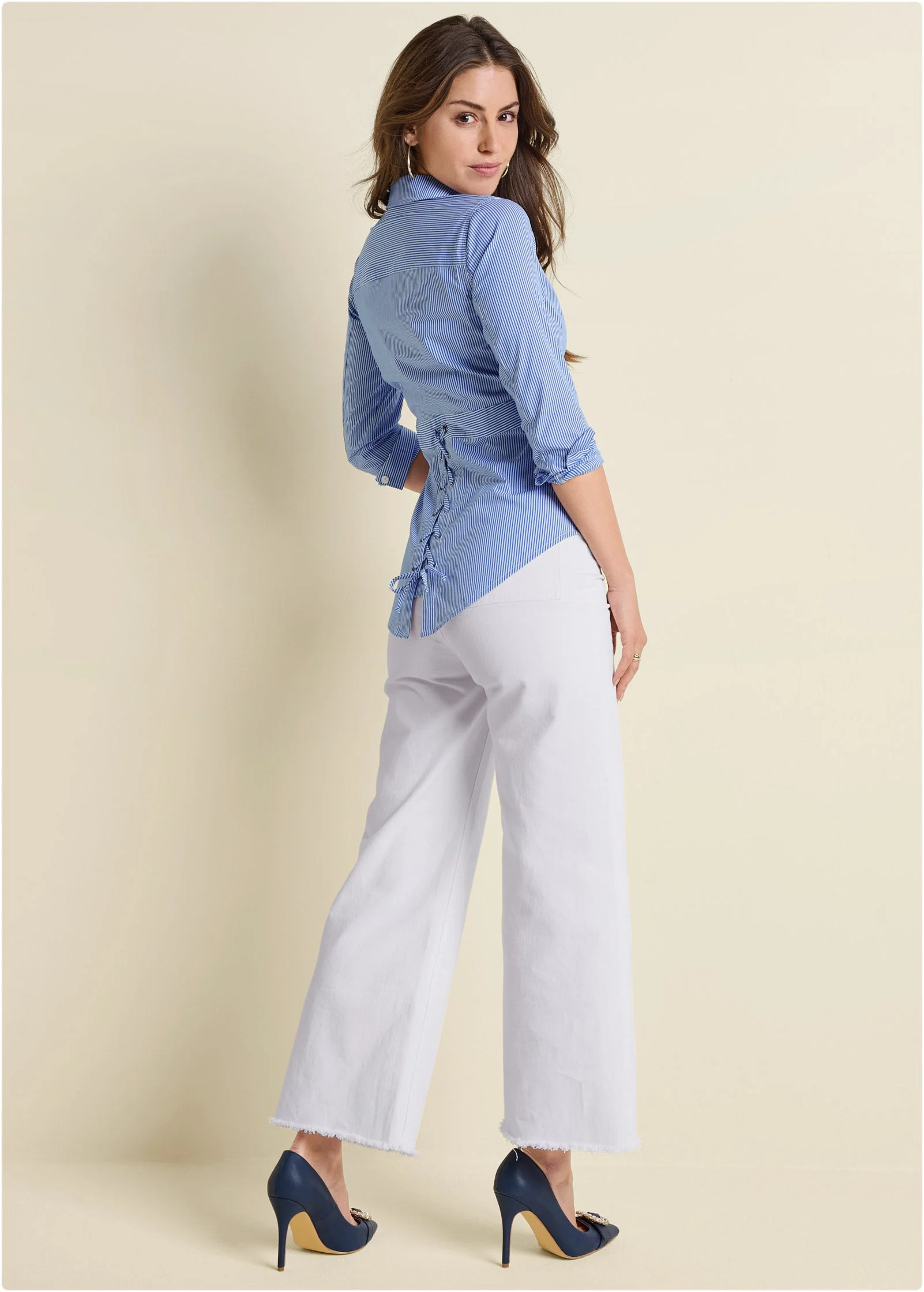 Lace-Up Back Blouse - Blue & White - Image 2