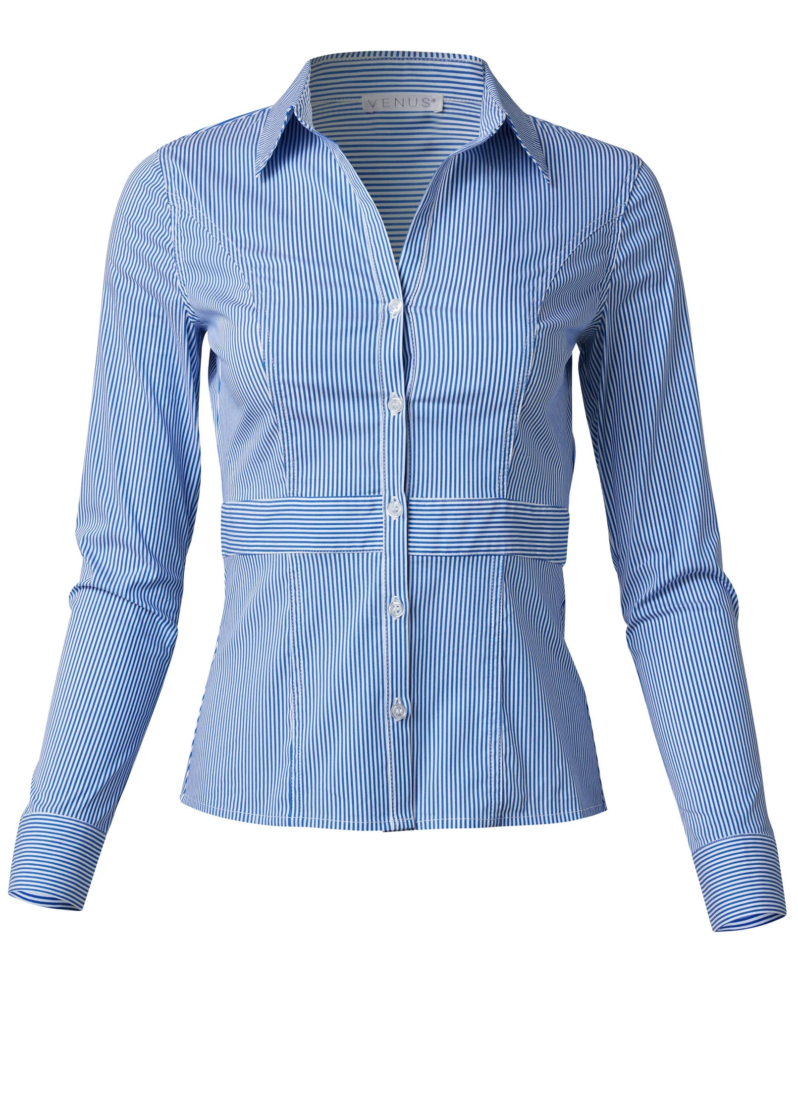 Lace-Up Back Blouse - Blue & White - Image 6