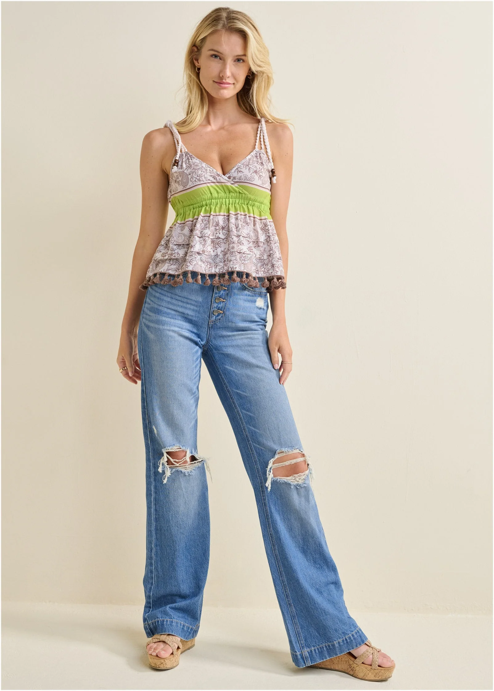 Paisley Print Braided Top - Brown & Green - Image 2