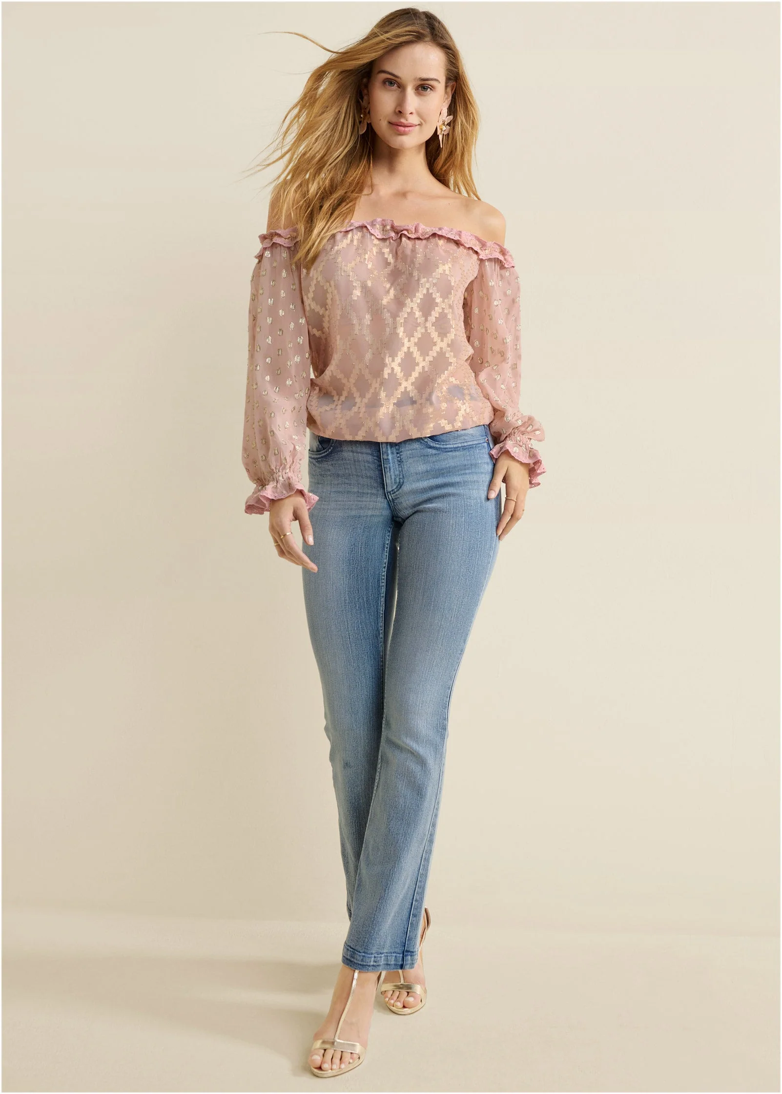 Off-The-Shoulder Ruffle Top - PINK & GOLD - Image 2