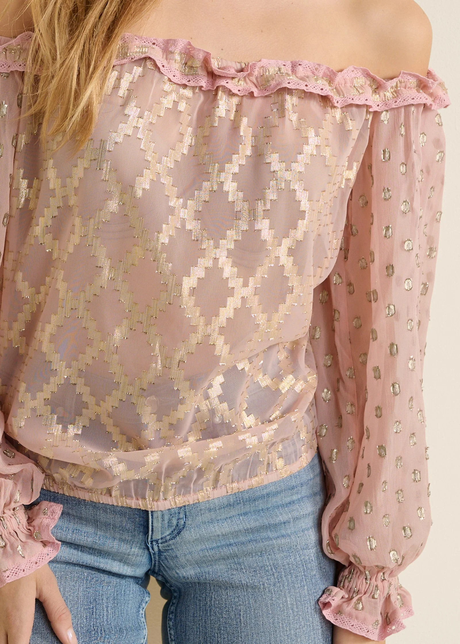 Off-The-Shoulder Ruffle Top - PINK & GOLD - Image 4
