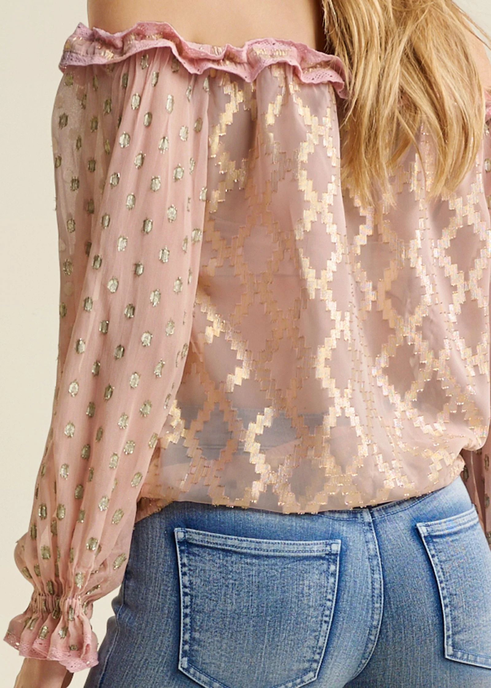 Off-The-Shoulder Ruffle Top - PINK & GOLD - Image 5