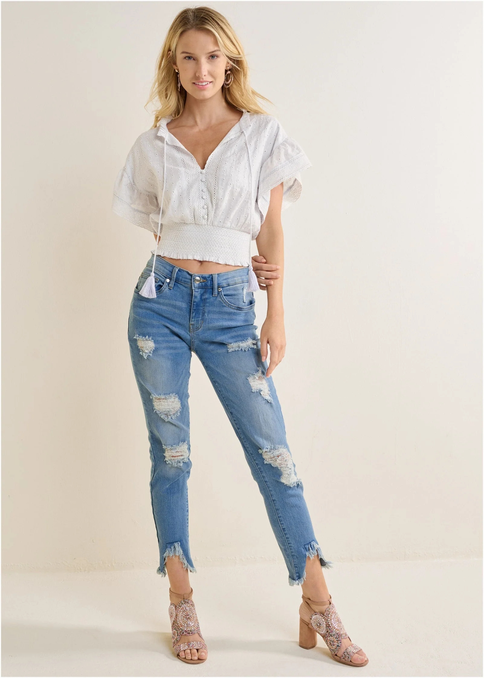 Eyelet Flutter Sleeve Top - Cloud Dancer - Image 2