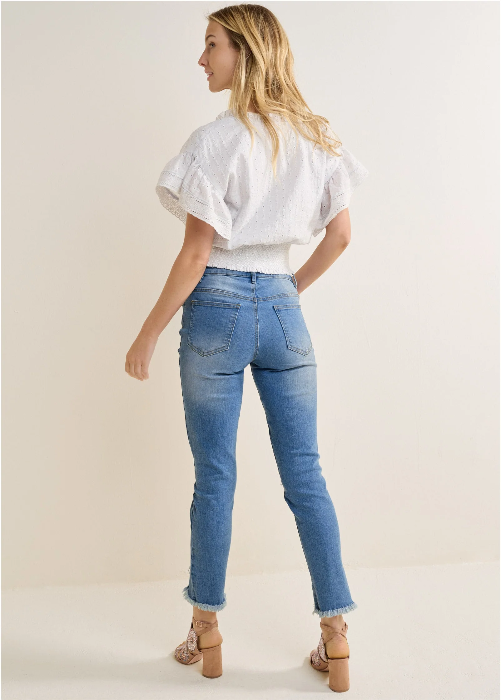 Eyelet Flutter Sleeve Top - Cloud Dancer - Image 3