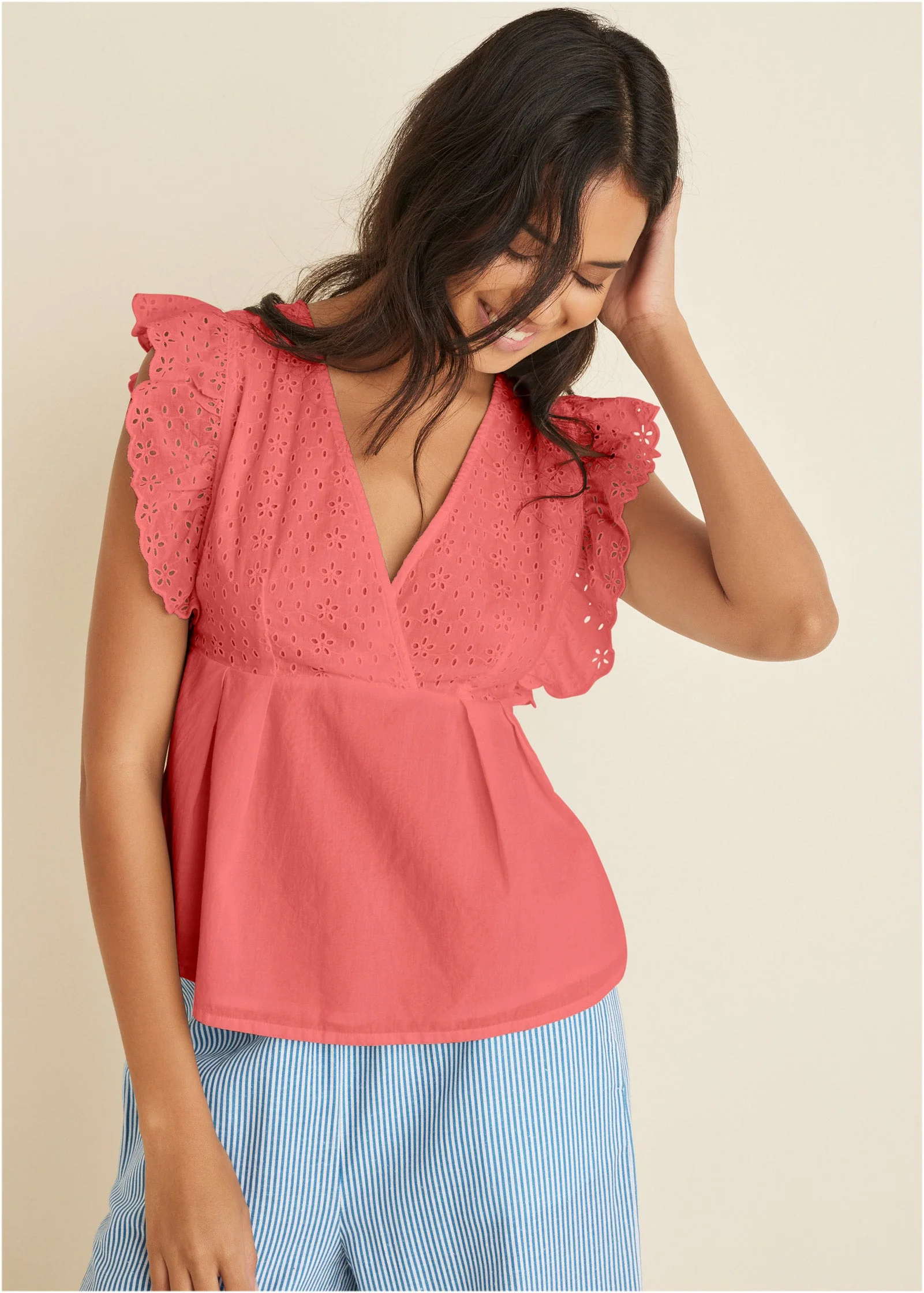 Eyelet Ruffle Tank - Coral - Image 5