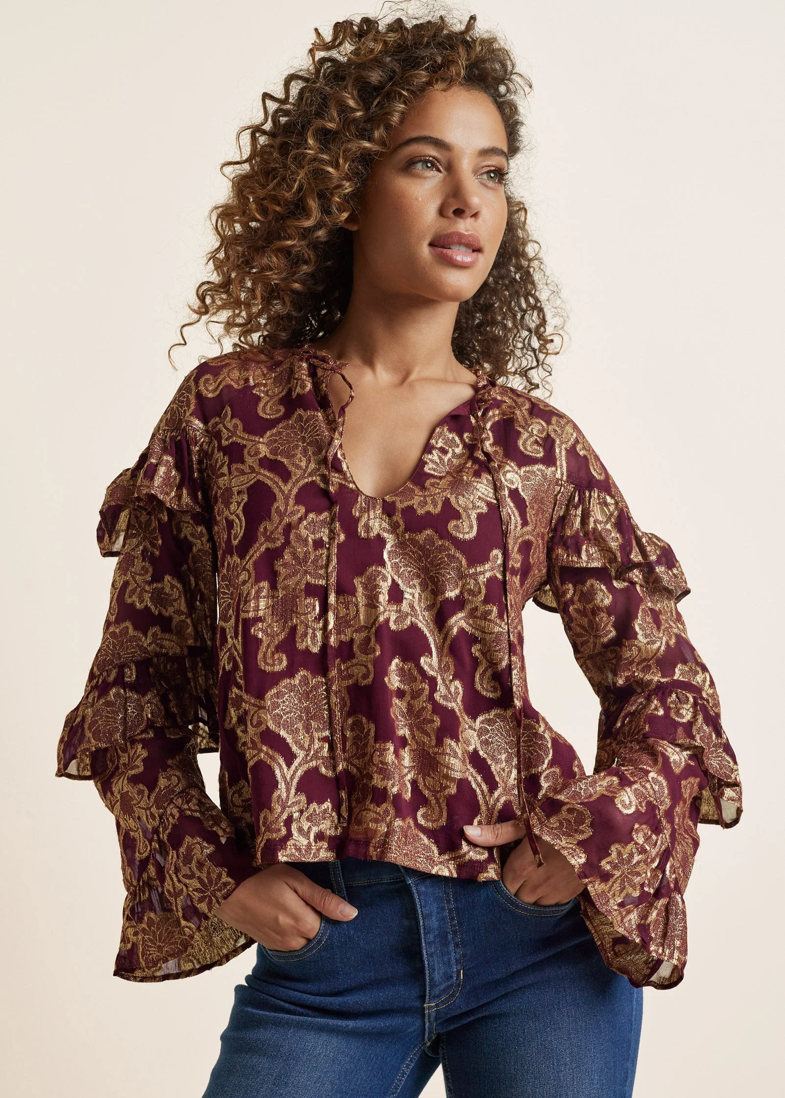 Shimmer Tiered Sleeve Top - Wine & Gold