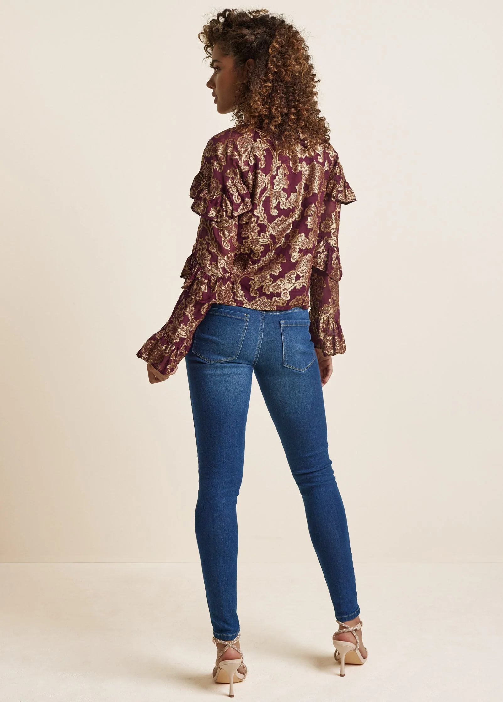 Shimmer Tiered Sleeve Top - Wine & Gold - Image 3