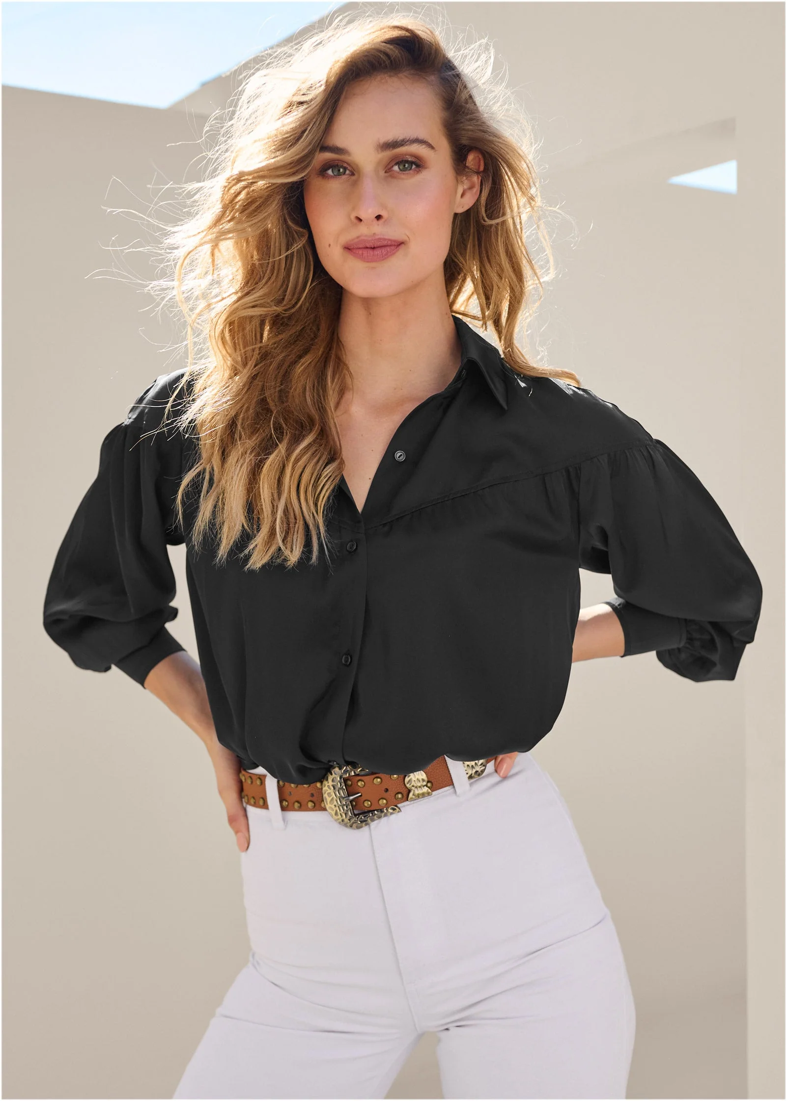 Satin Long Sleeve Blouse - Jet Black