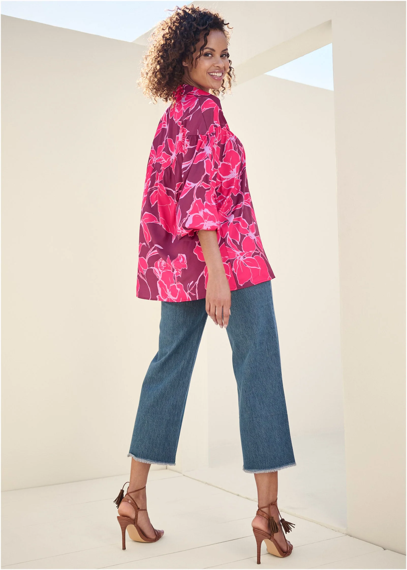 Satin Long Sleeve Blouse - Pink Multi - Image 3