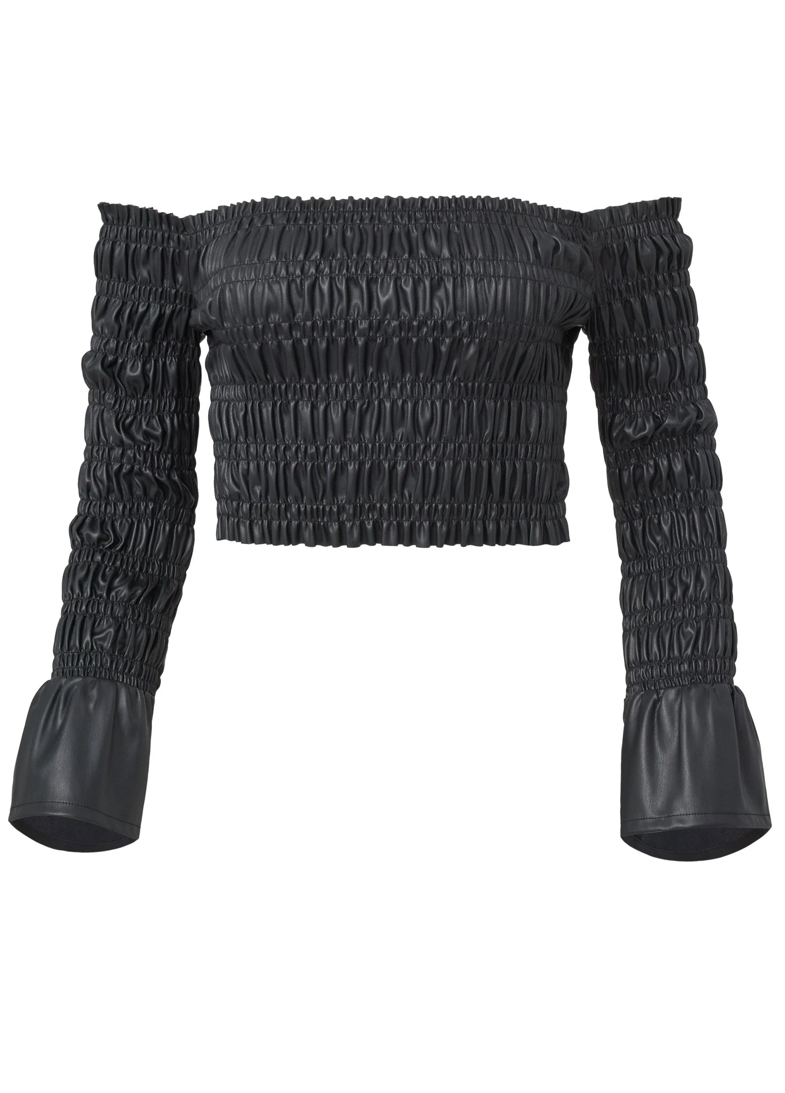 Faux Leather Smocked Top - Jet Black - Image 6