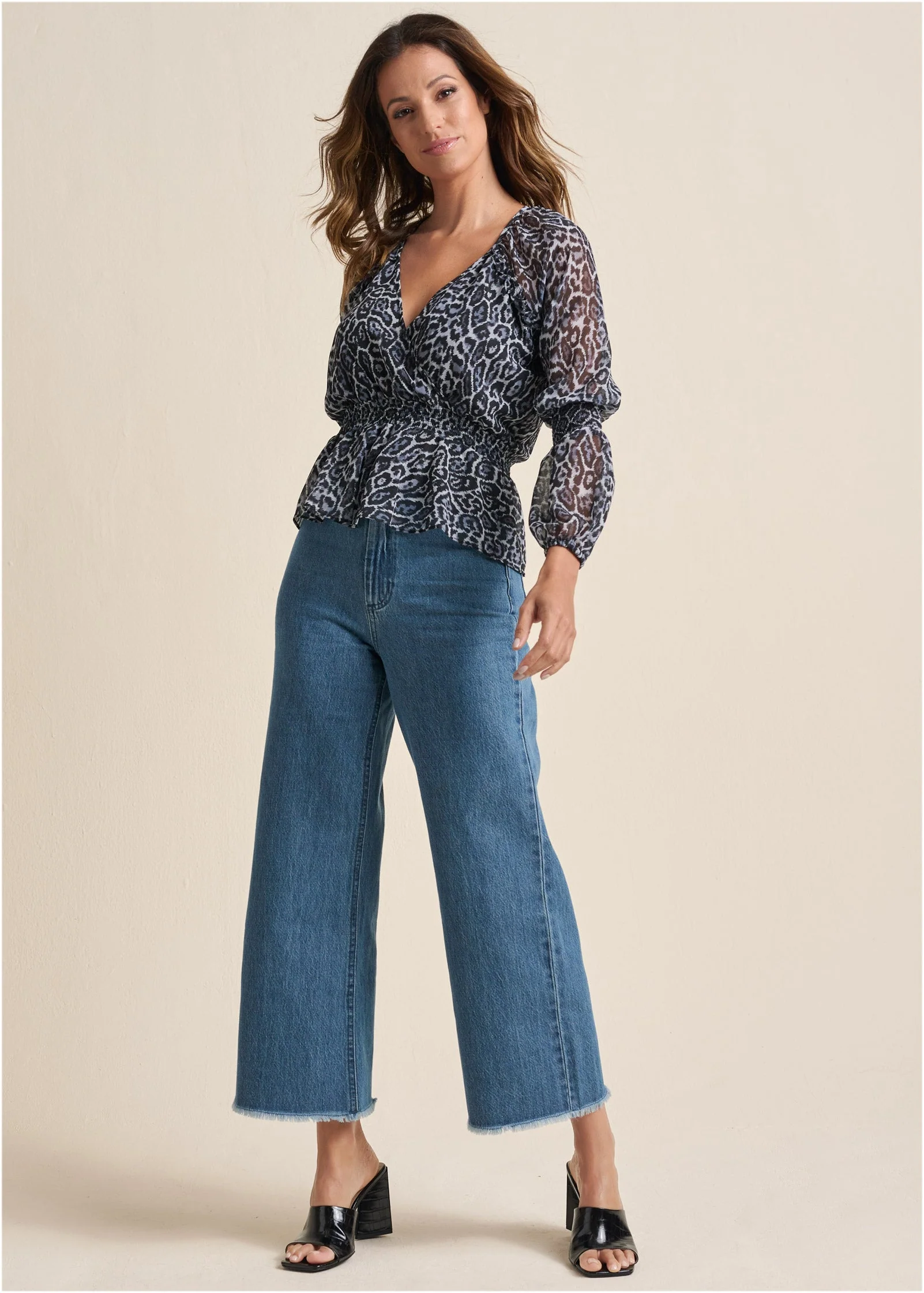 Puff Sleeve V-Neck Top - Snow Leopard - Image 2