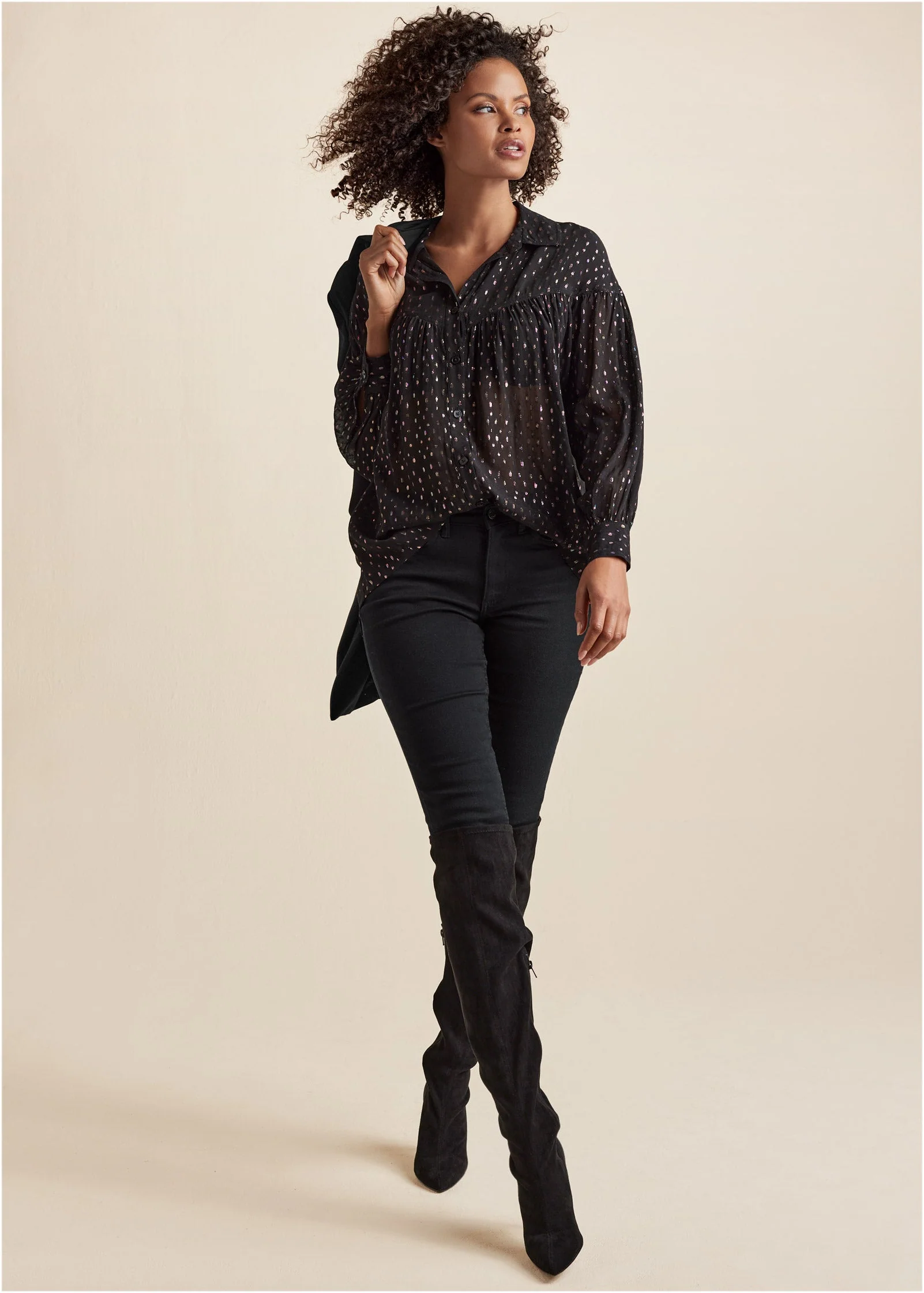Metallic Button Front Top - Black Multi - Image 6