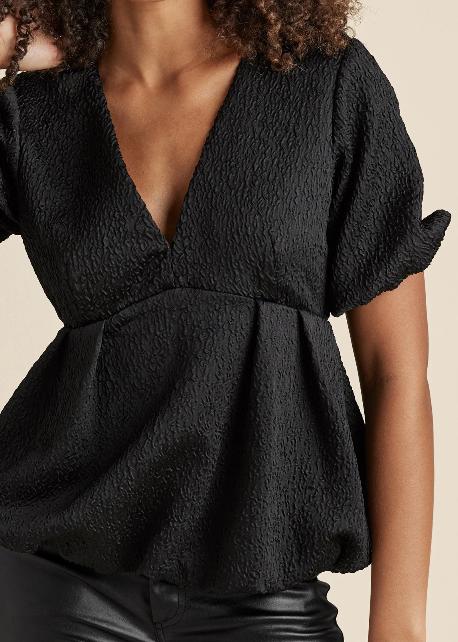 Textured V-Neck Top - Black - Image 3