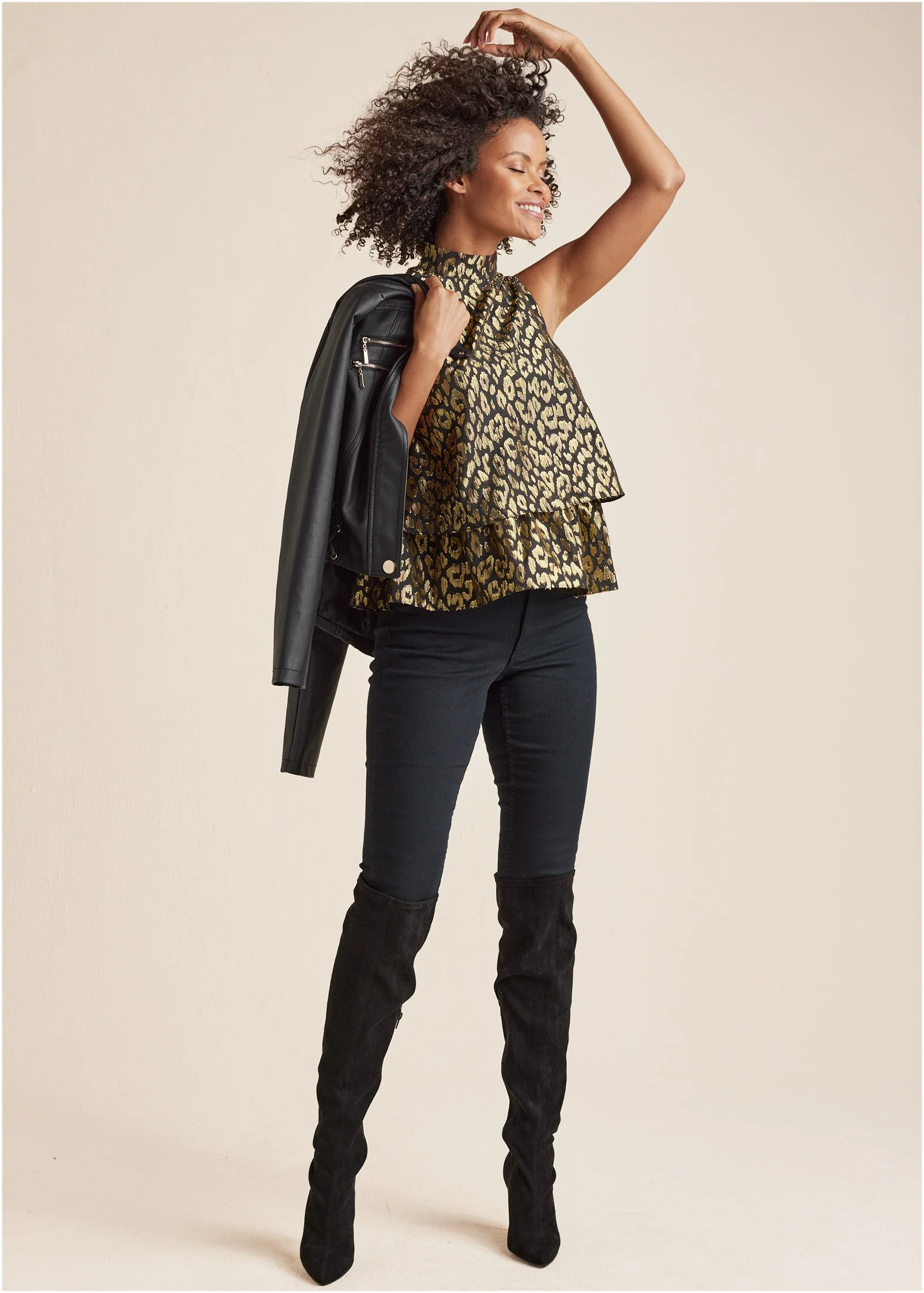Tiered Hem Mock Neck Top - Black Multi - Image 2