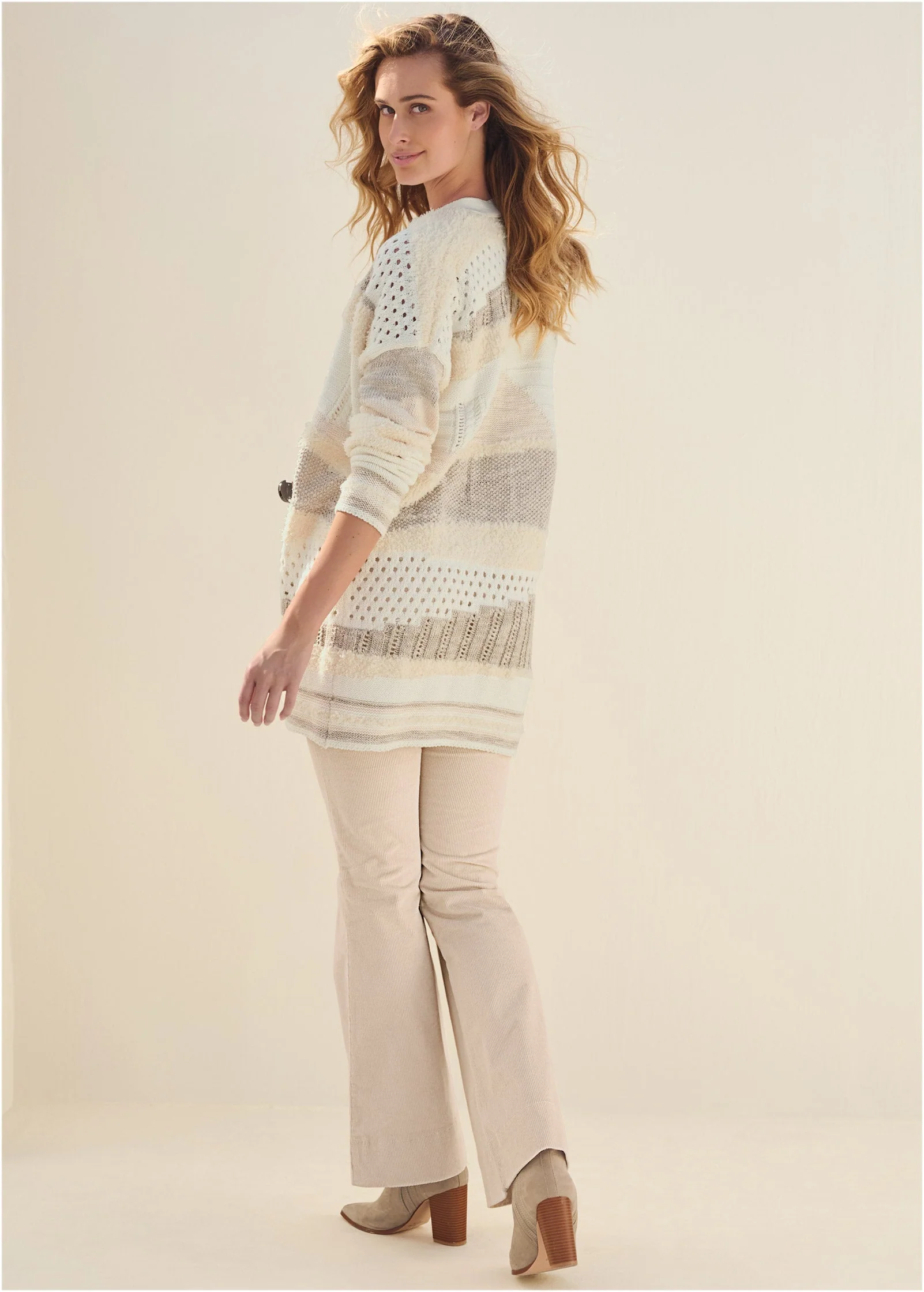 Textured Open Cardigan - Cream Multi - Image 3