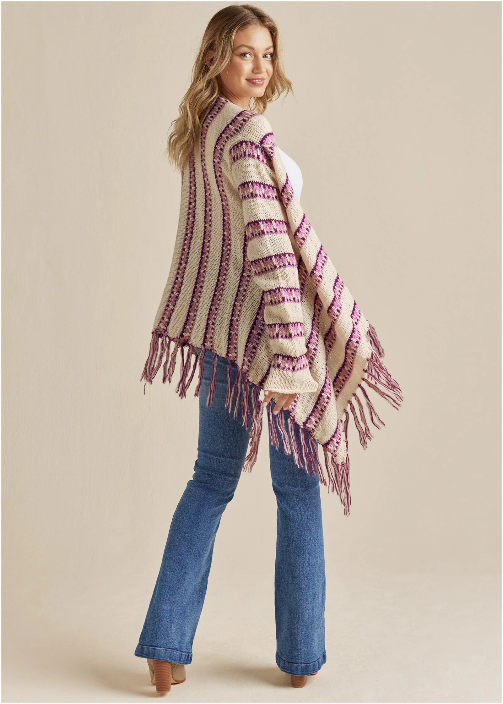Stripe Fringe Cardigan - Beige Multi - Image 3
