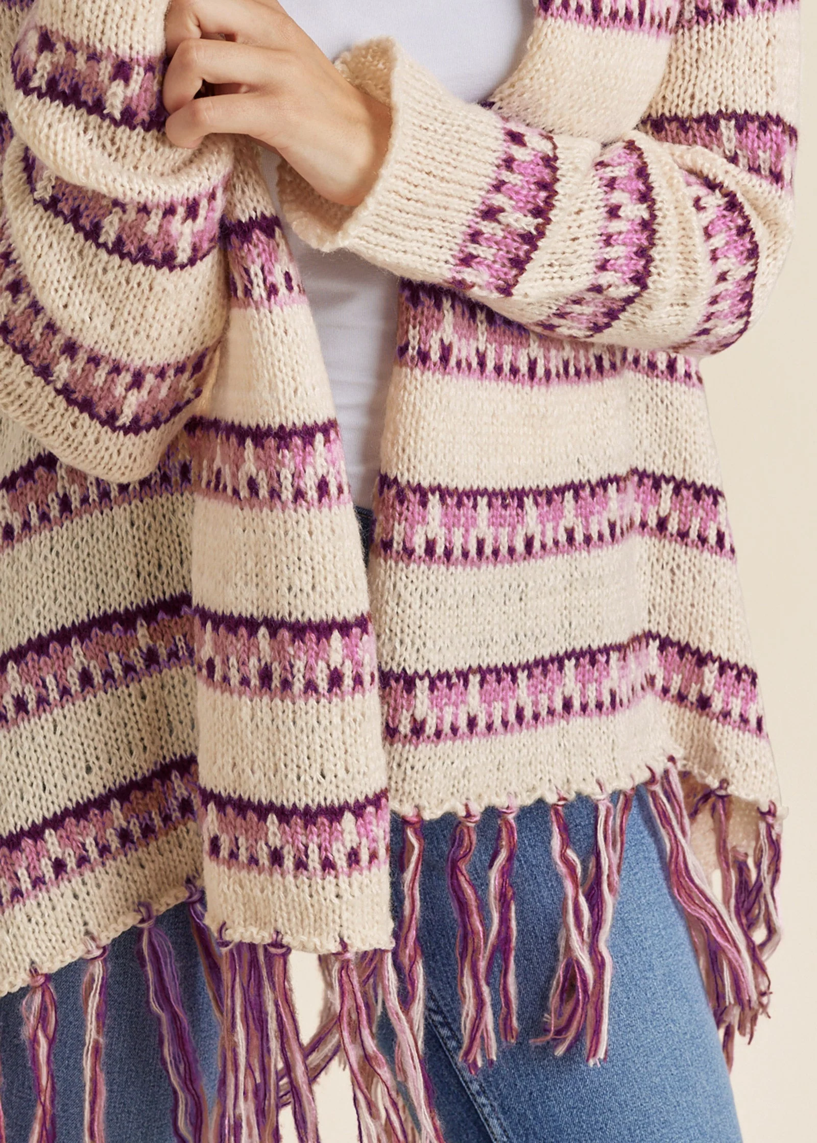 Stripe Fringe Cardigan - Beige Multi - Image 4