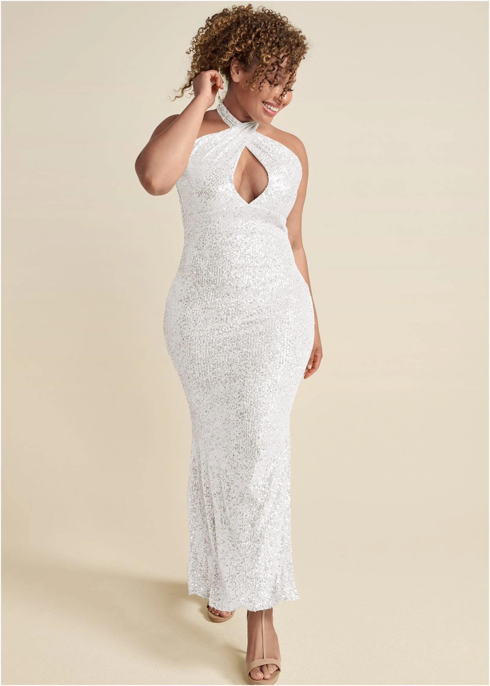 Sequin Keyhole Gown  - White - Image 6