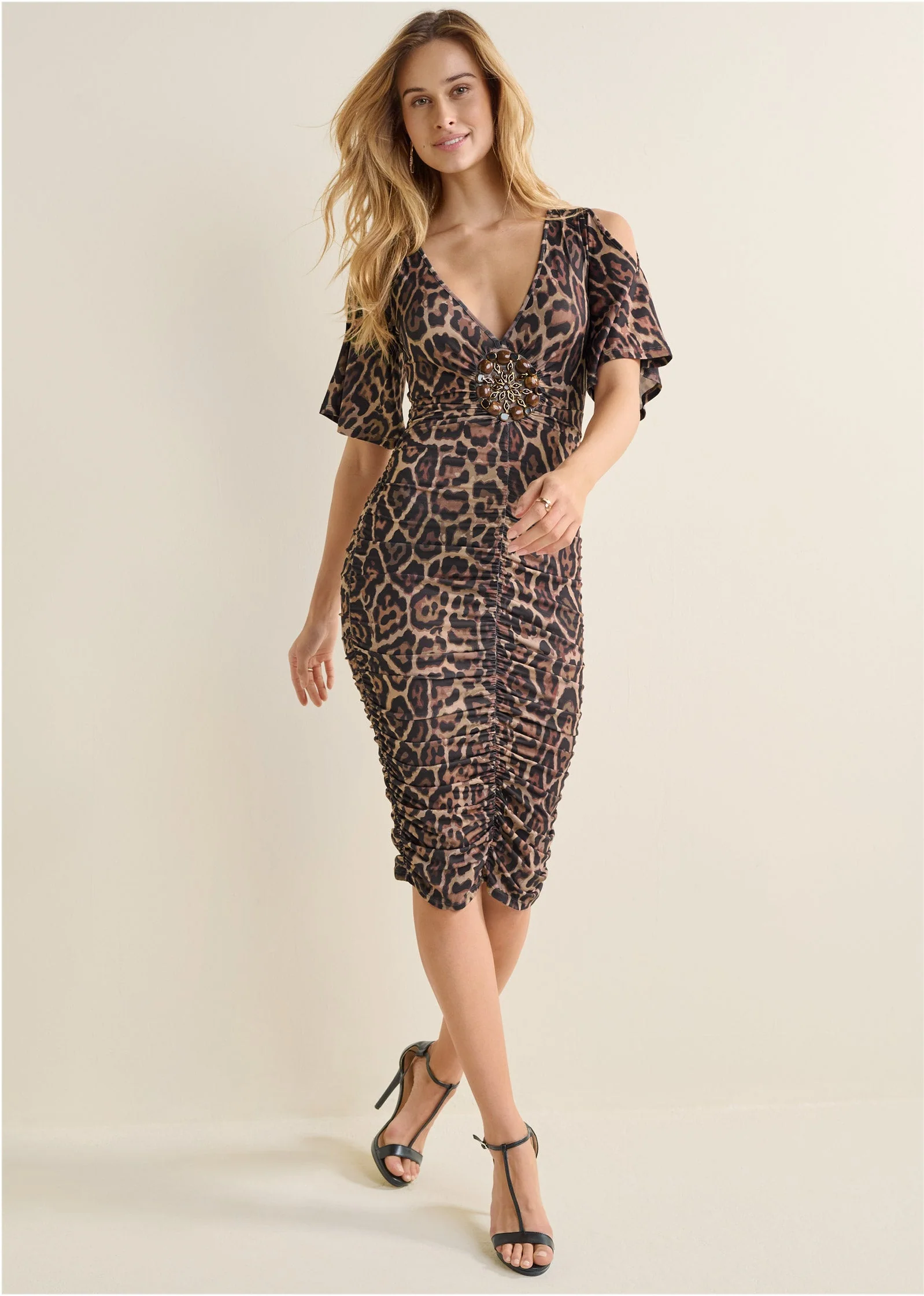 Cold-Shoulder Bodycon Dress - Brown & Black - Image 2