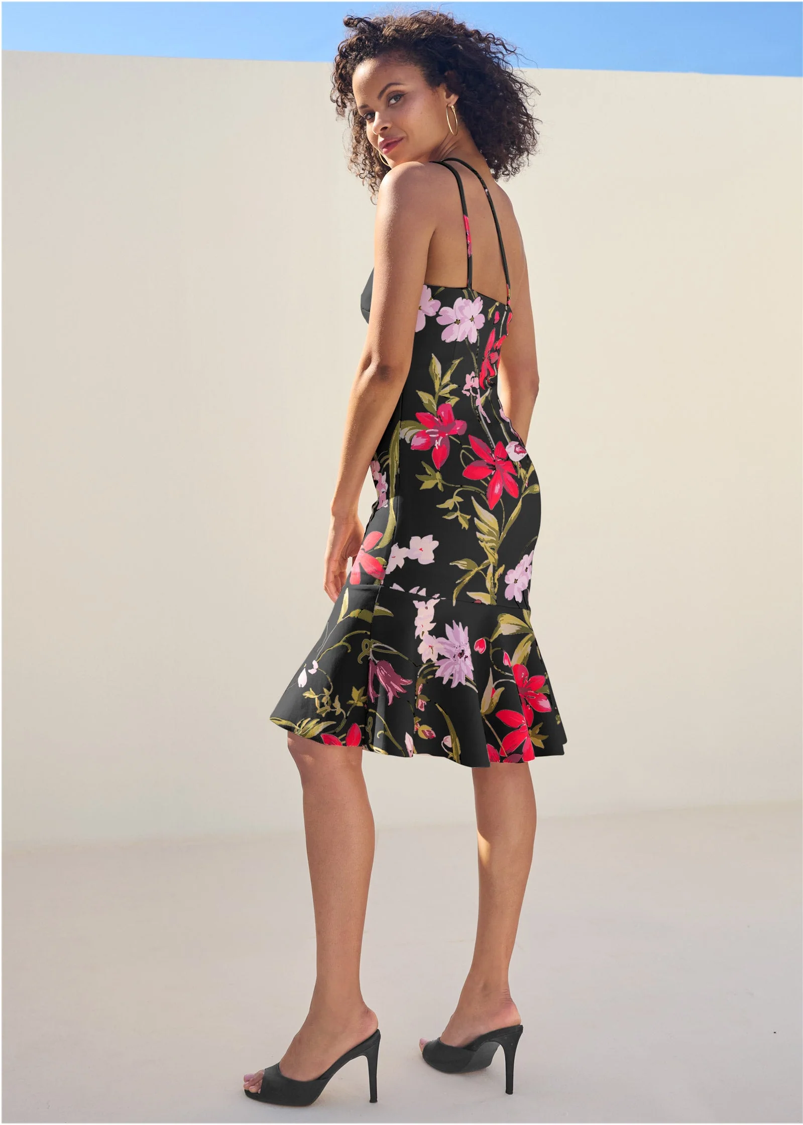 One-Shoulder Ruffle Dress - Black Multi - Image 2