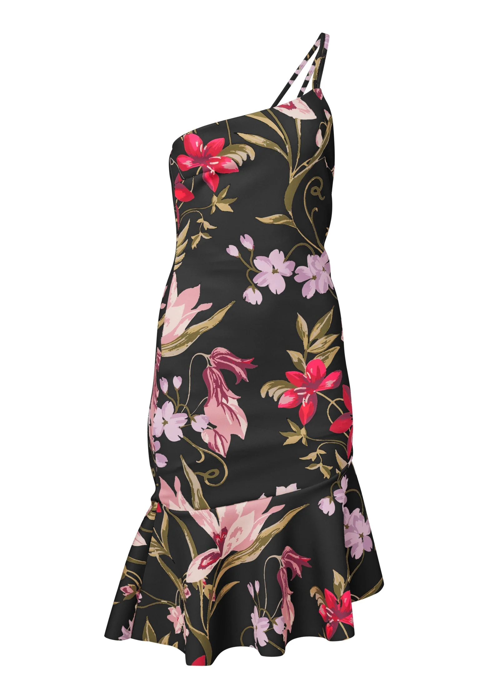 One-Shoulder Ruffle Dress - Black Multi - Image 5