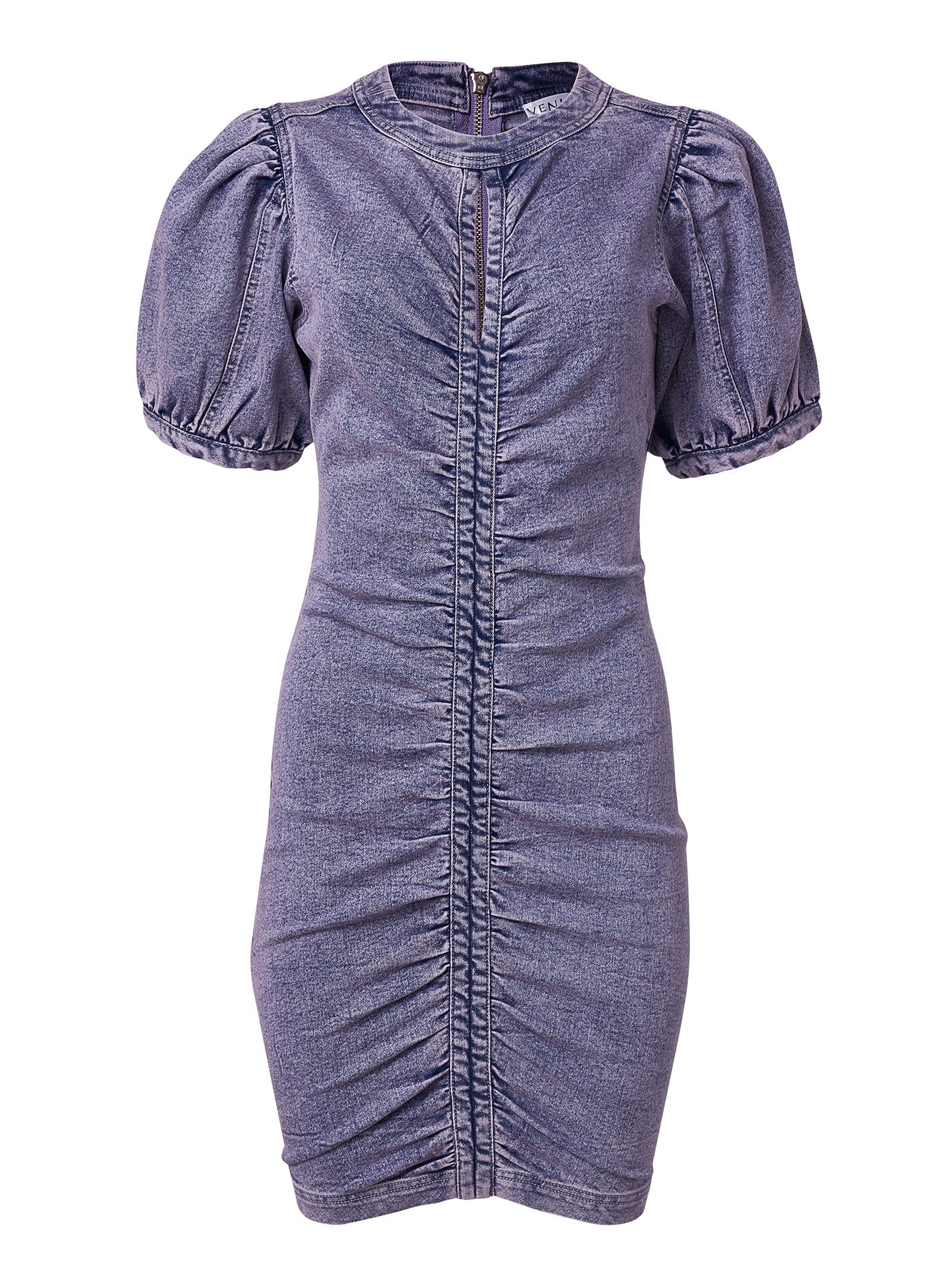 Puff Sleeve Denim Dress  - Lavender - Image 6
