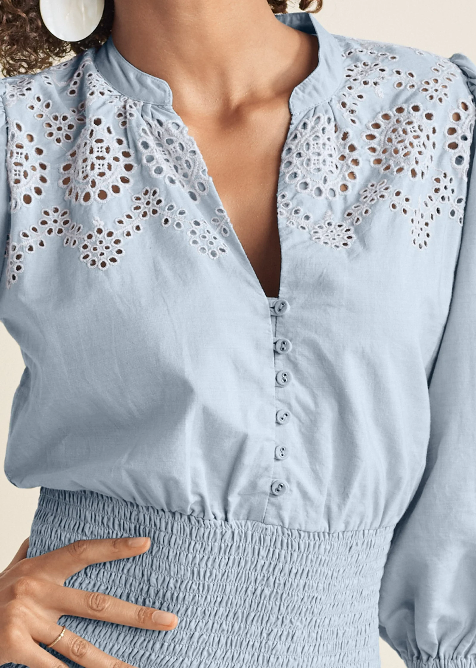 Smocked Waist Eyelet Dress - Light Blue & White - Image 3