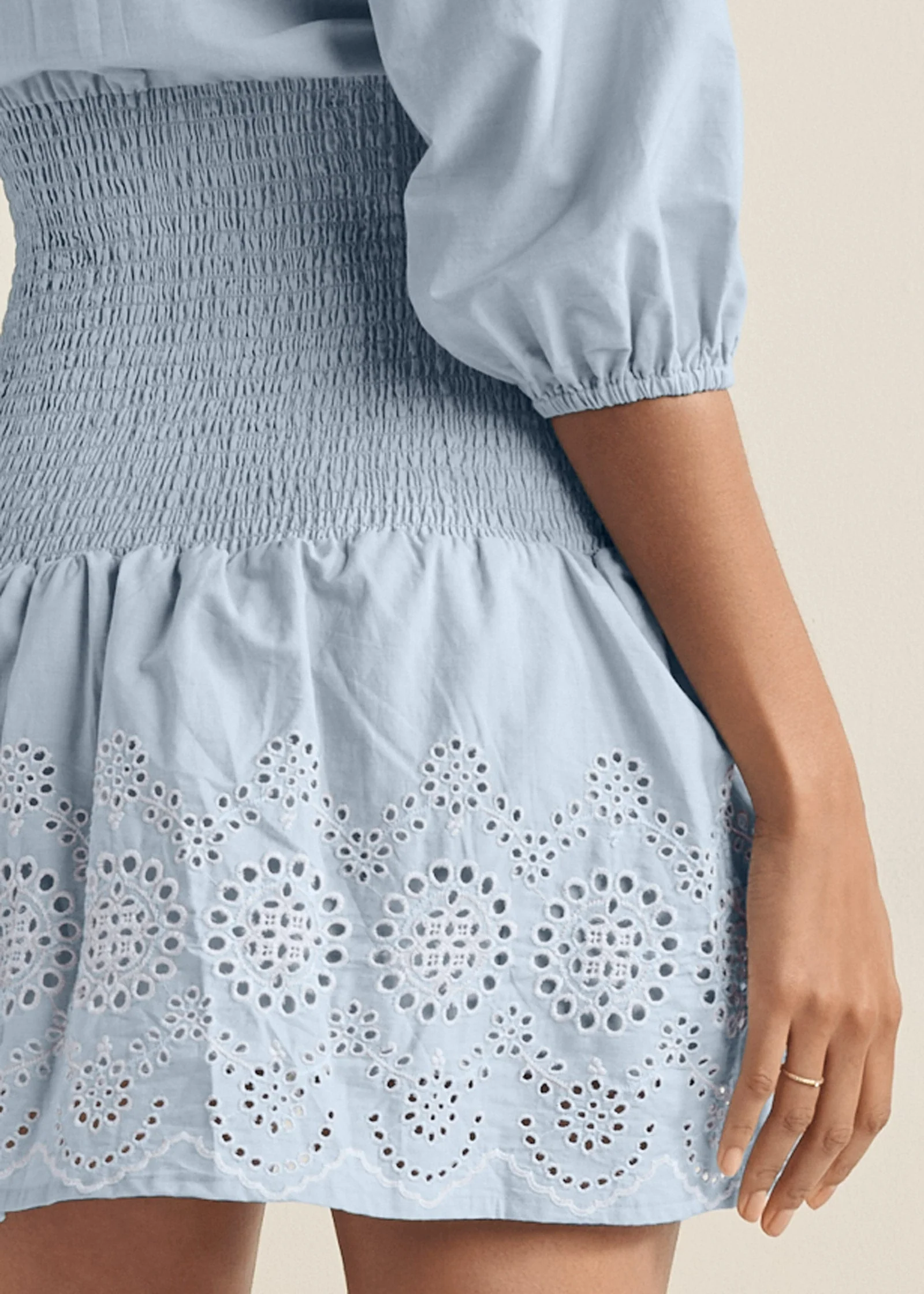 Smocked Waist Eyelet Dress - Light Blue & White - Image 4