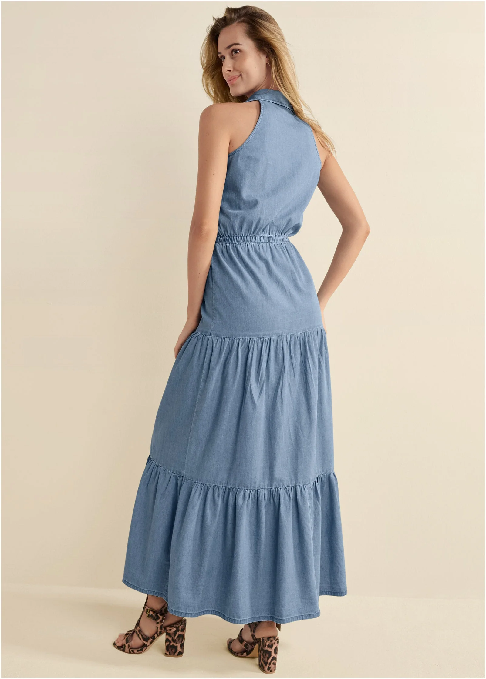 Chambray Tiered Maxi Dress - Medium Wash - Image 2