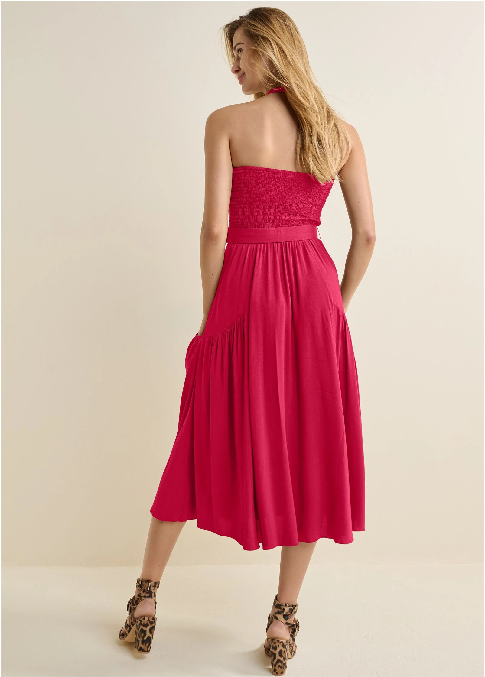 Belted Halter Midi Dress - Red - Image 2