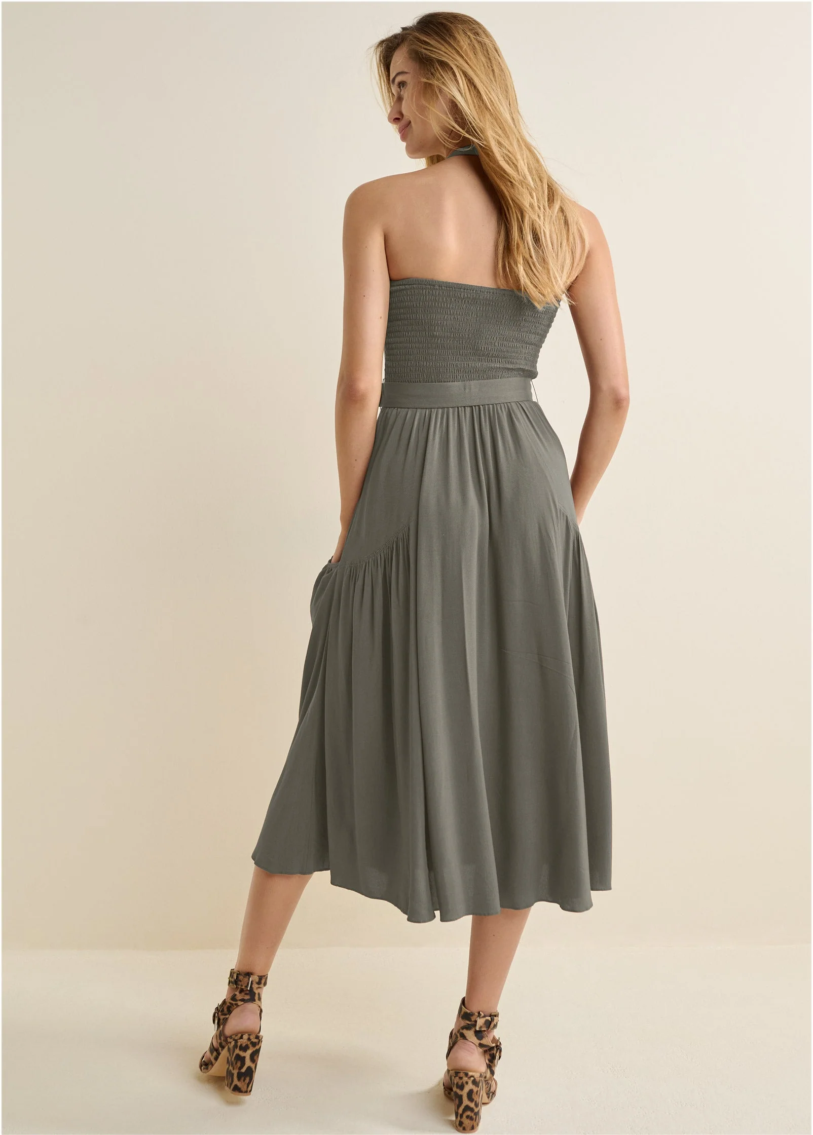 Belted Halter Midi Dress - Olive - Image 2