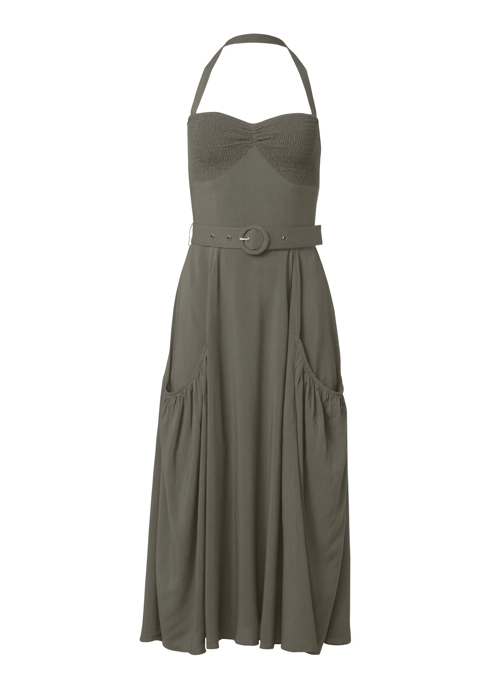 Belted Halter Midi Dress - Olive - Image 3