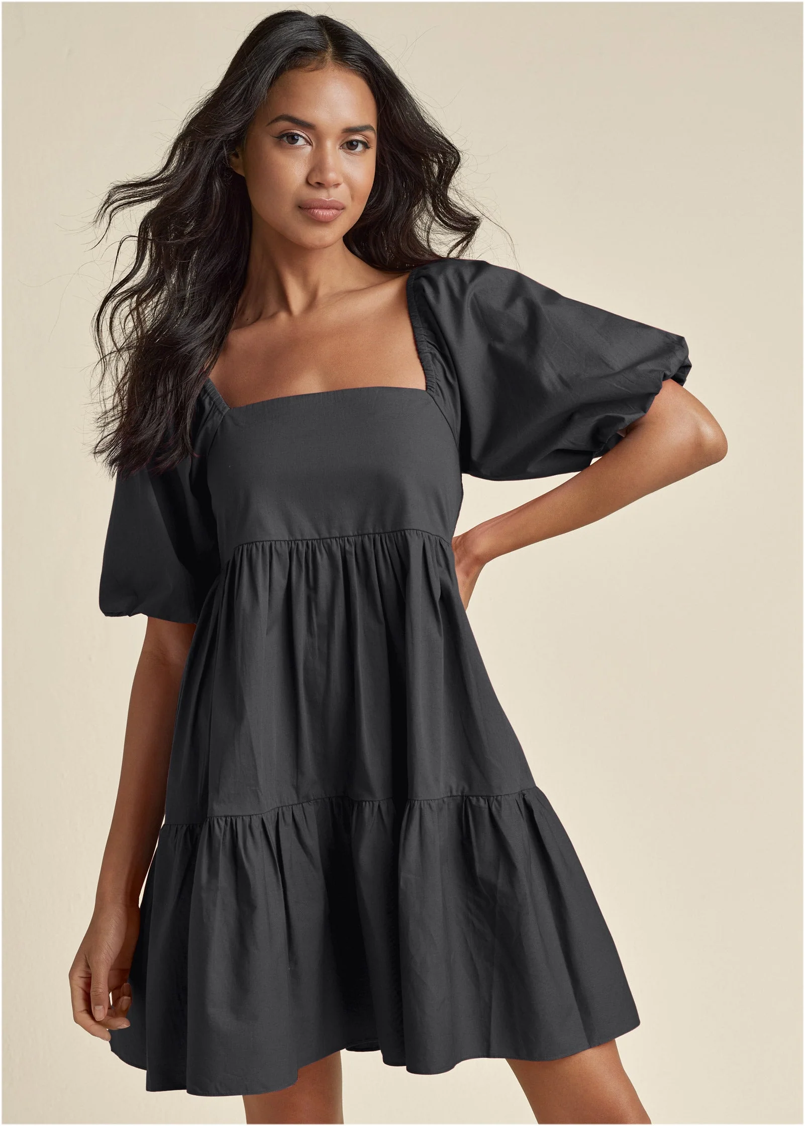 Puff Sleeve Mini Dress - Jet Black