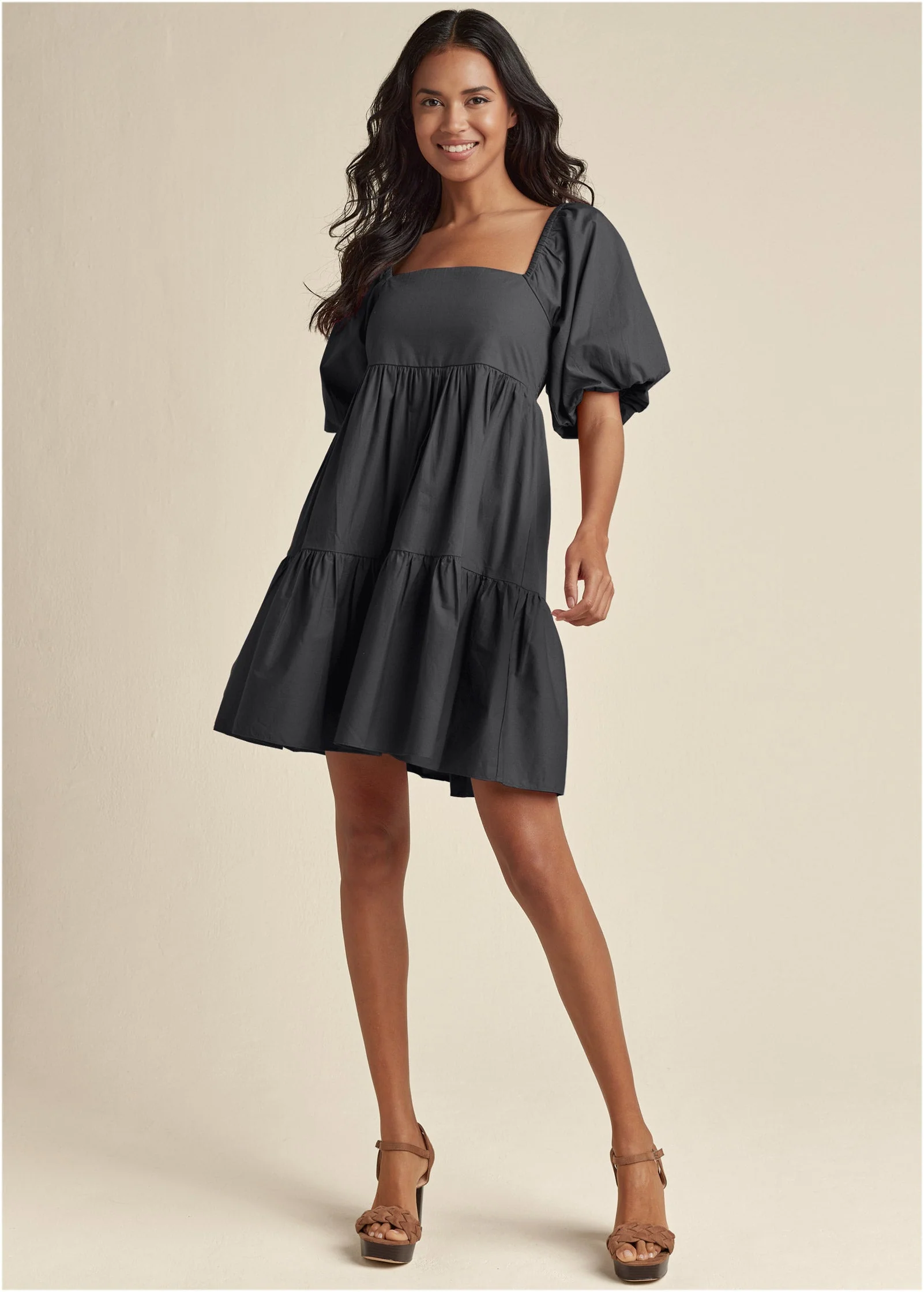 Puff Sleeve Mini Dress - Jet Black - Image 2