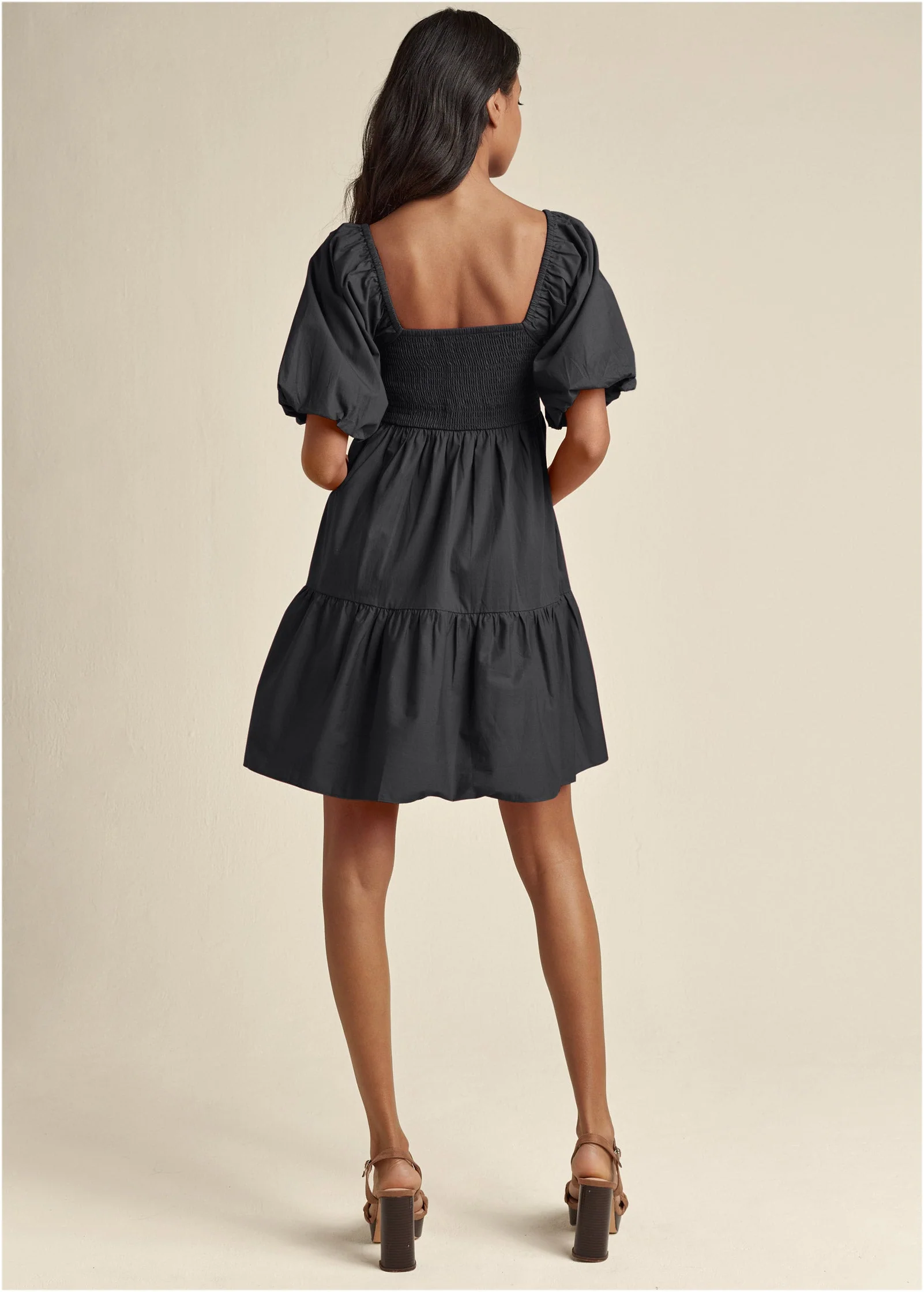 Puff Sleeve Mini Dress - Jet Black - Image 3