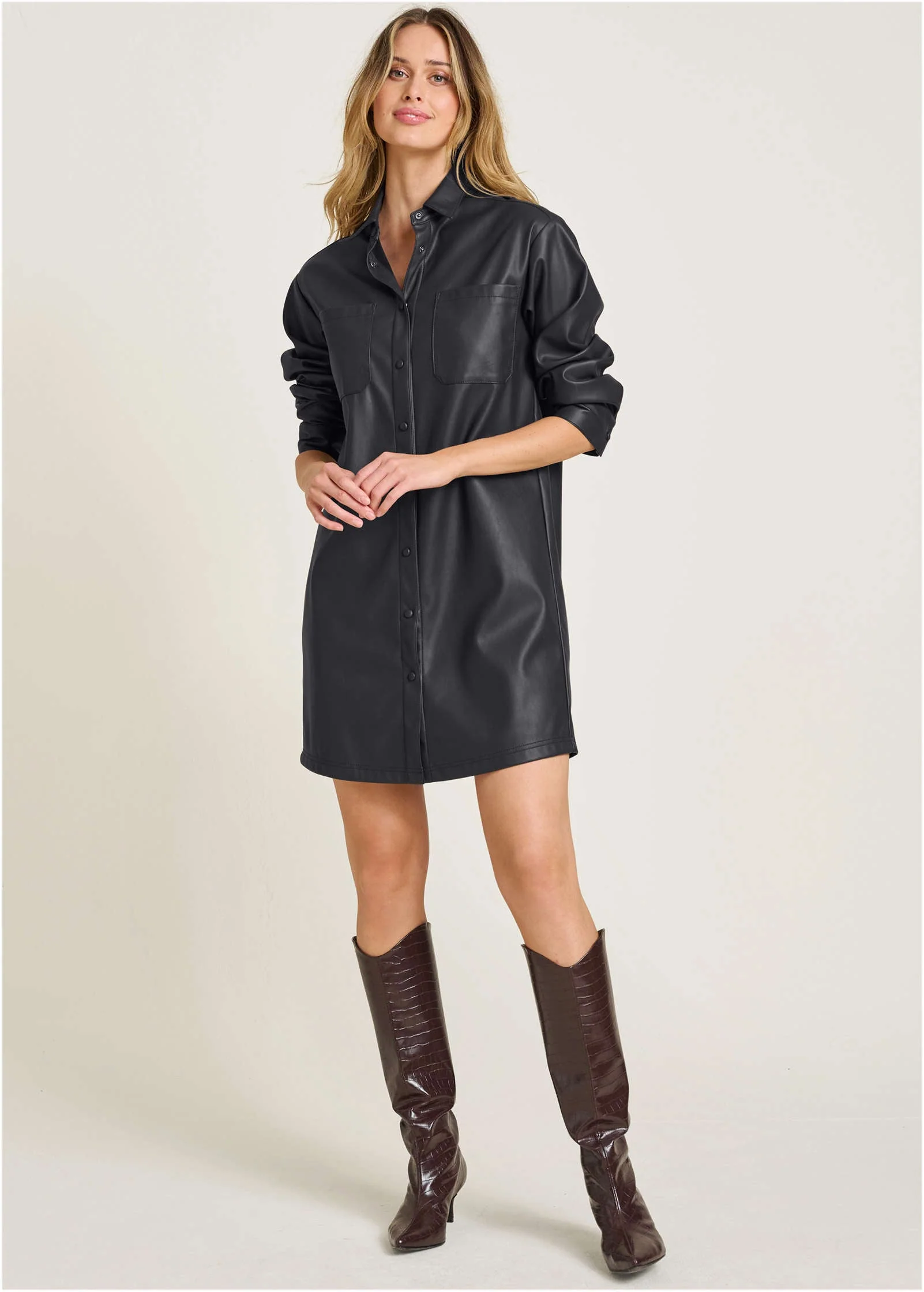Faux Leather Shirt Dress - Jet Black
