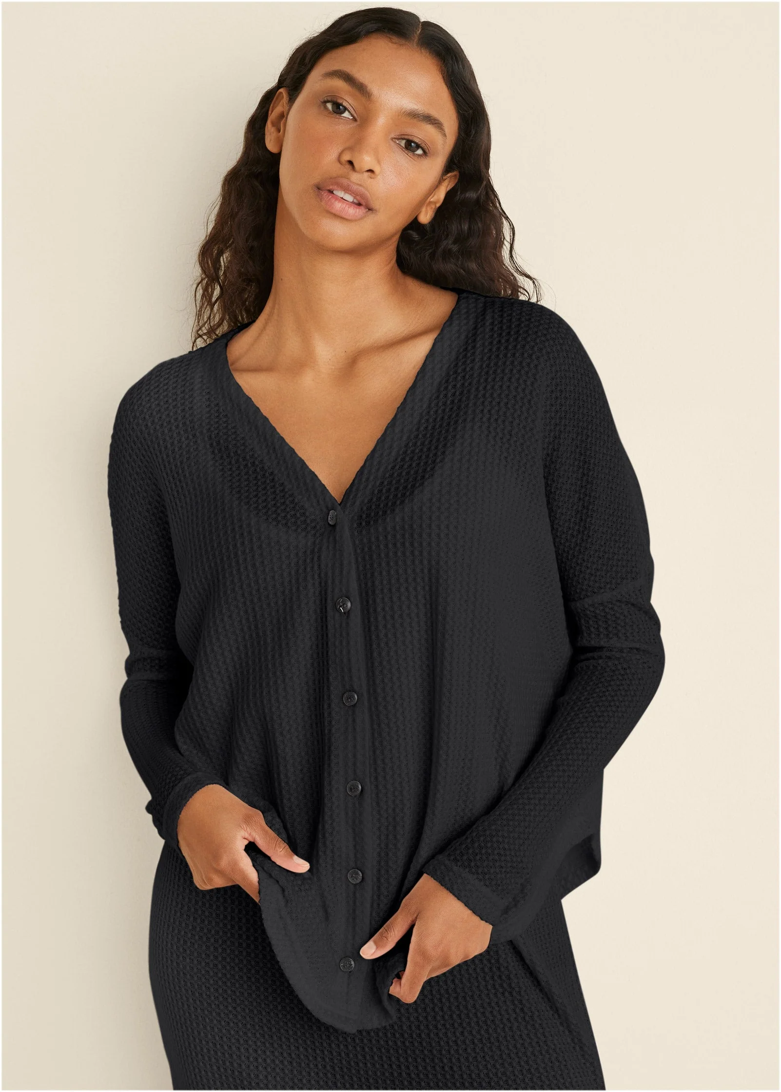 Cozy Waffle Button Down Top - Jet Black - Image 2