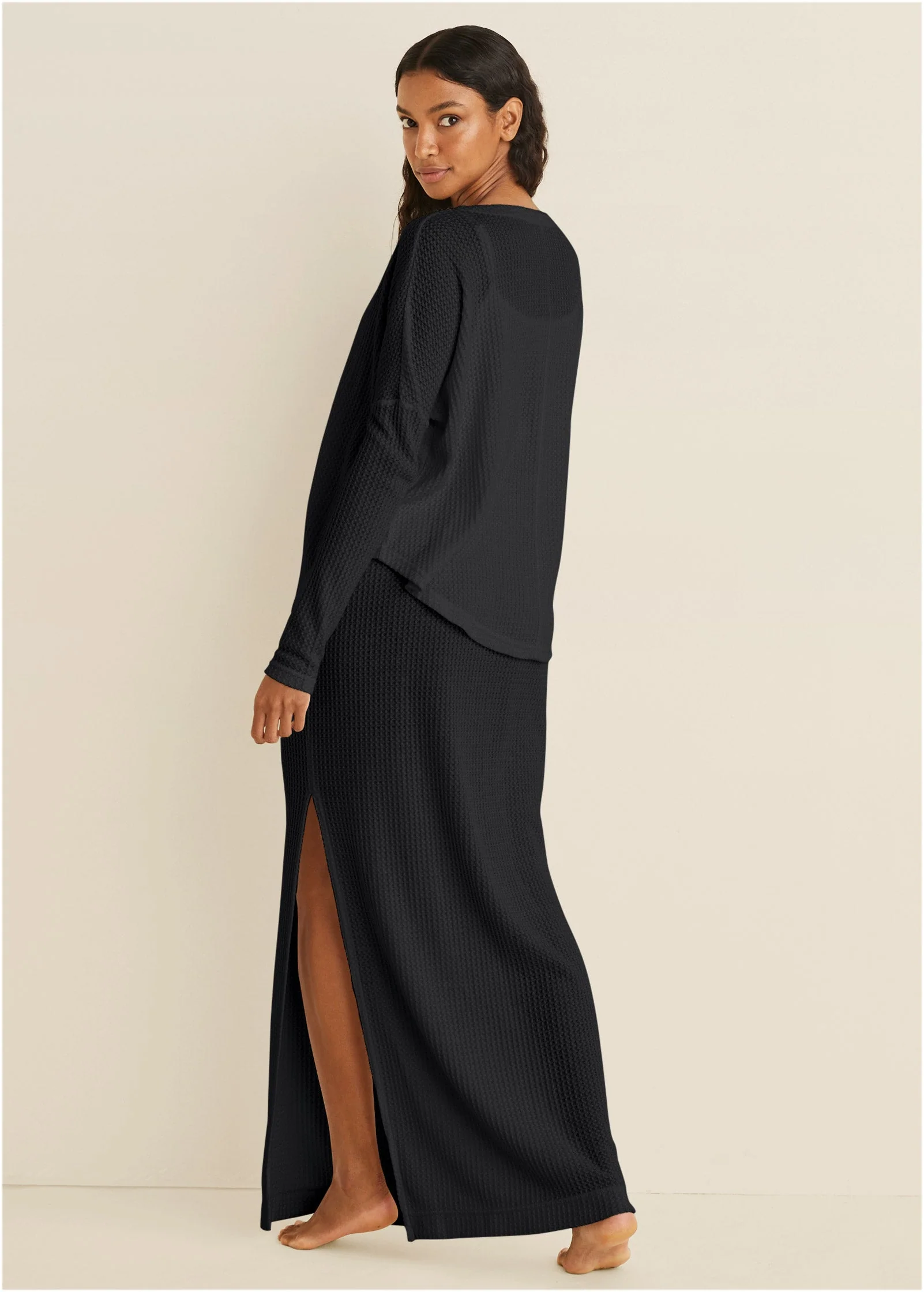 Cozy Waffle Button Down Top - Jet Black - Image 3