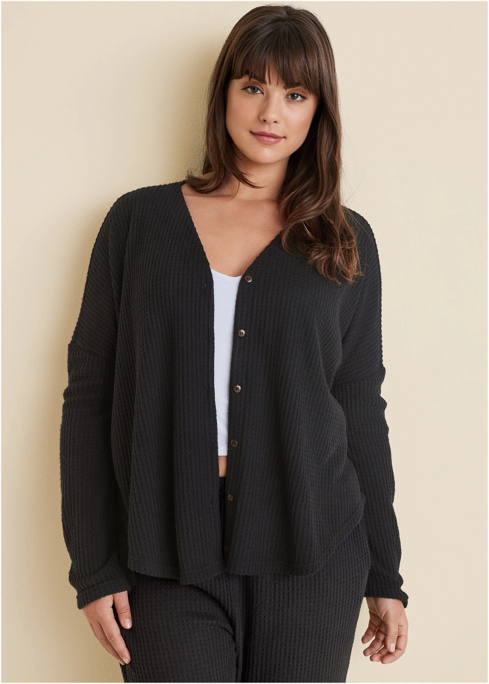 Cozy Waffle Button Down Top - Jet Black - Image 5