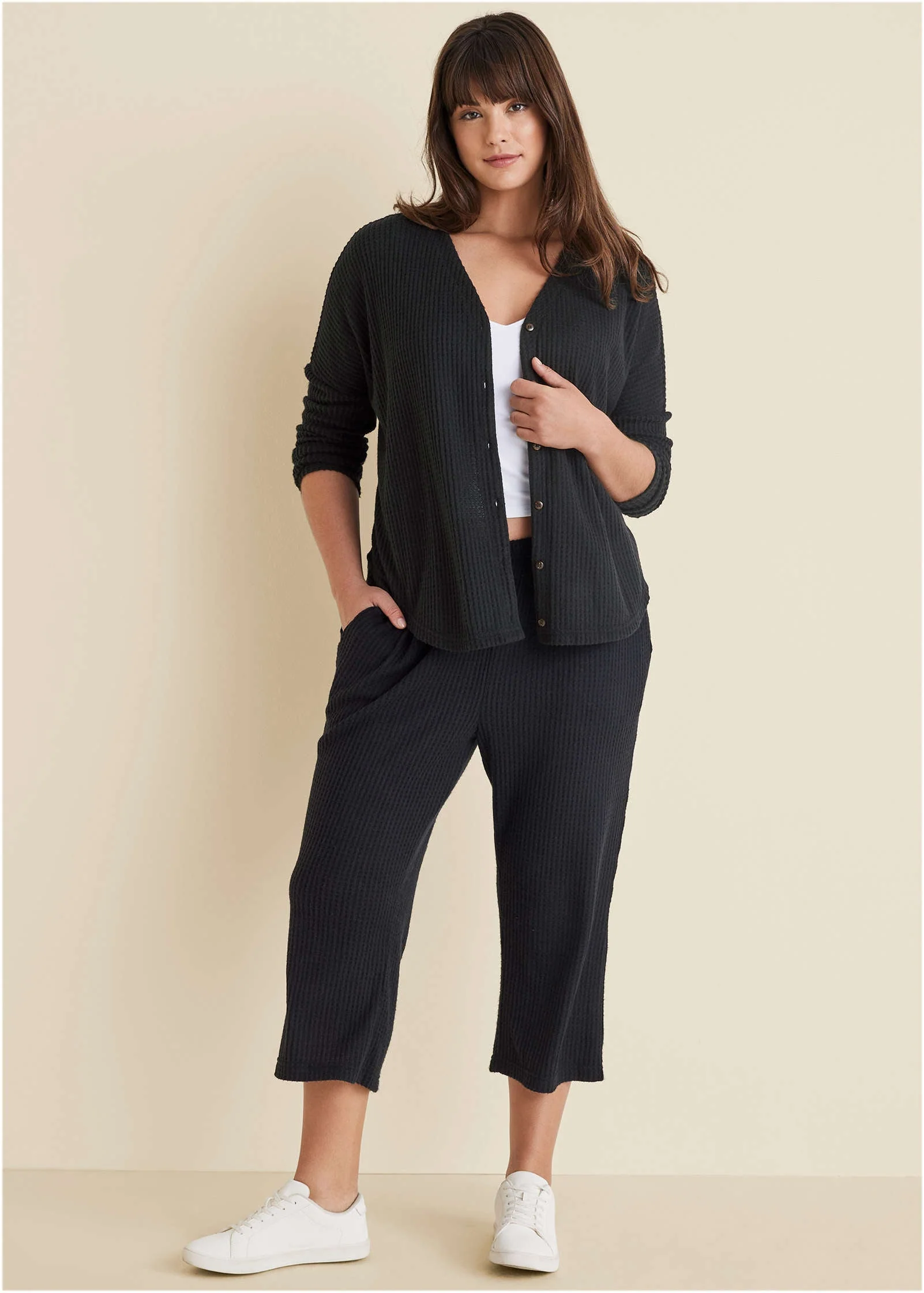 Cozy Waffle Button Down Top - Jet Black - Image 7