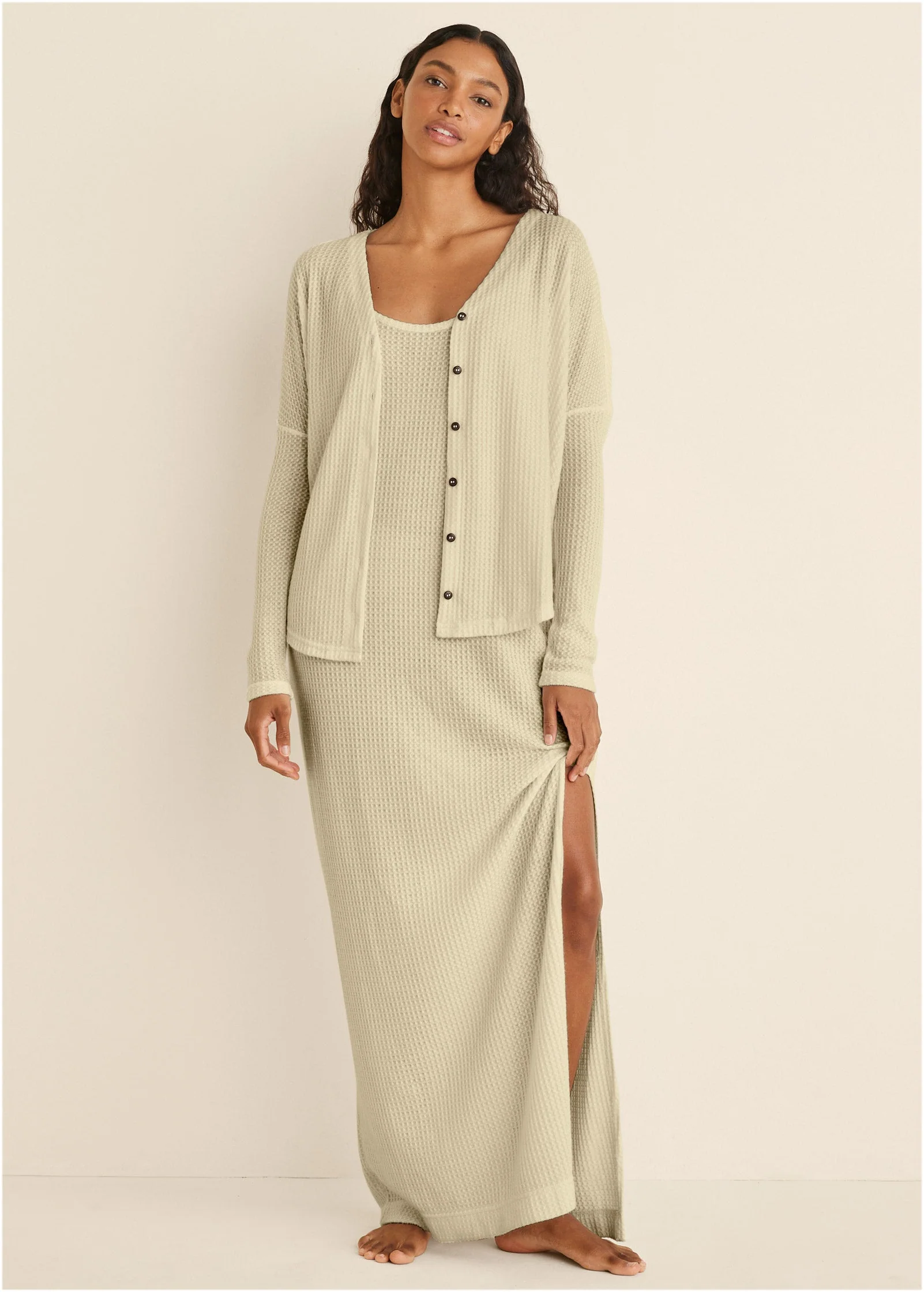 Cozy Waffle Button Down Top - Oatmeal - Image 2
