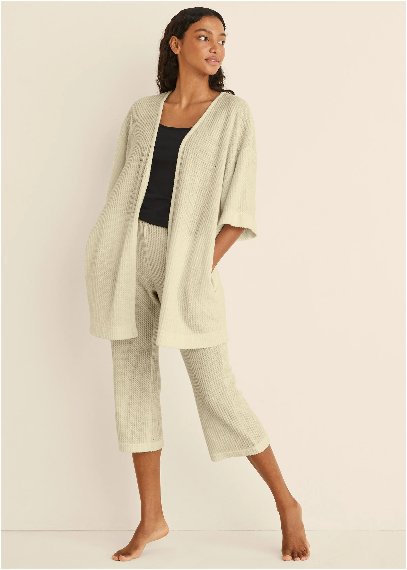 Cozy Waffle Knit Kimono - Oatmeal - Image 2